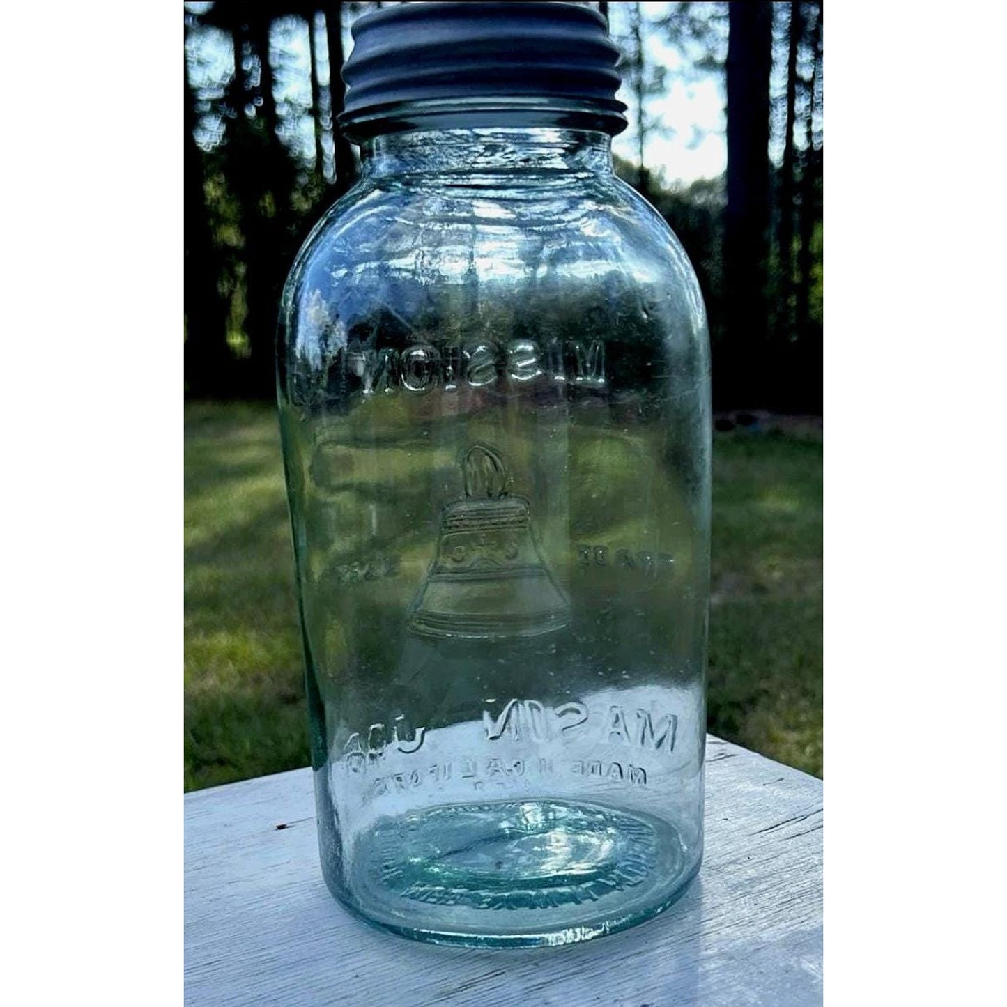 Mission Bell Mason Jar Aqua Blue Liberty Bell Hazel Atlas Half Gal w/ Zinc Lid