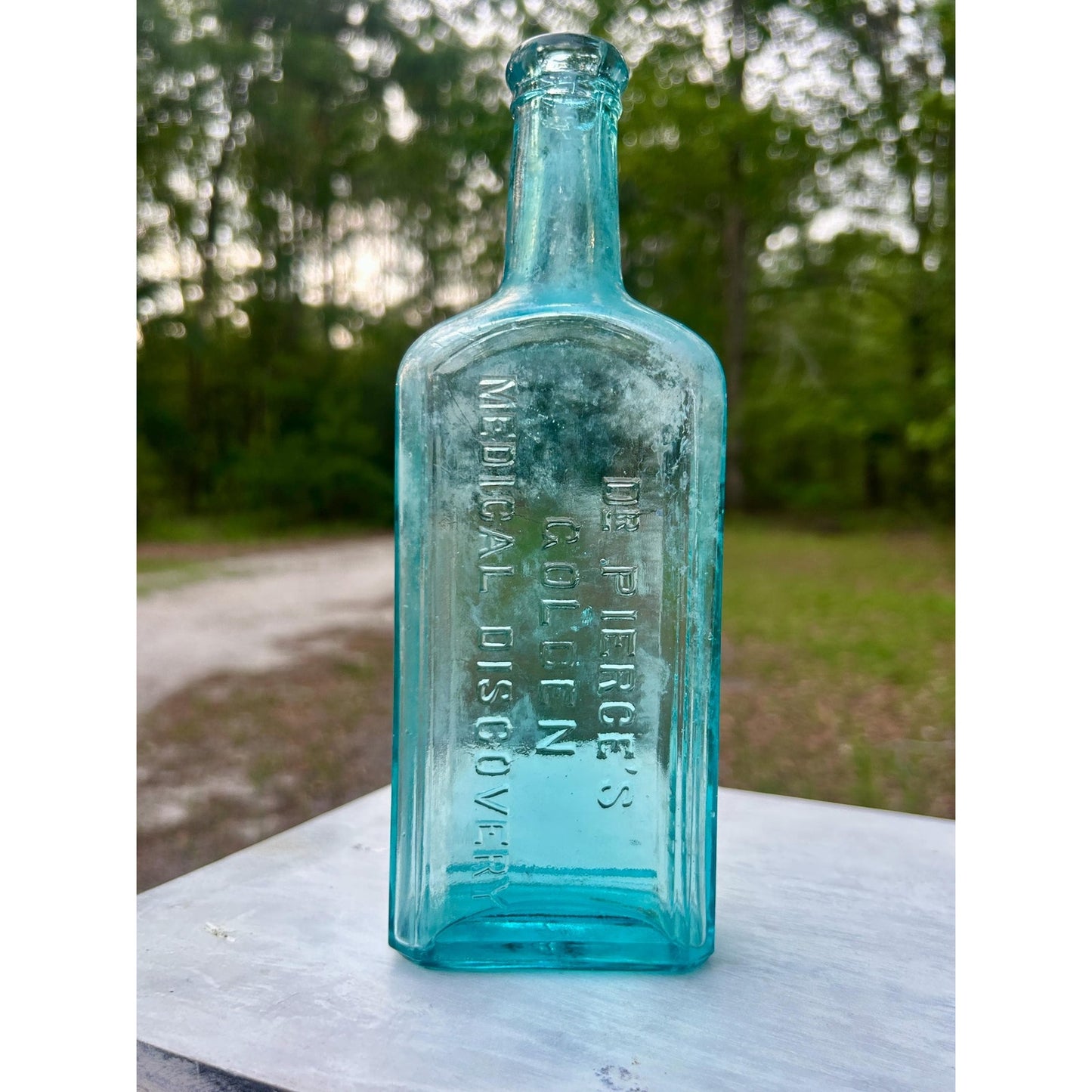 Antique Dr Pierce Golden Medical Discovery Aqua Blue Medicine Bottle Buffalo NY Patent Medicine c1880s