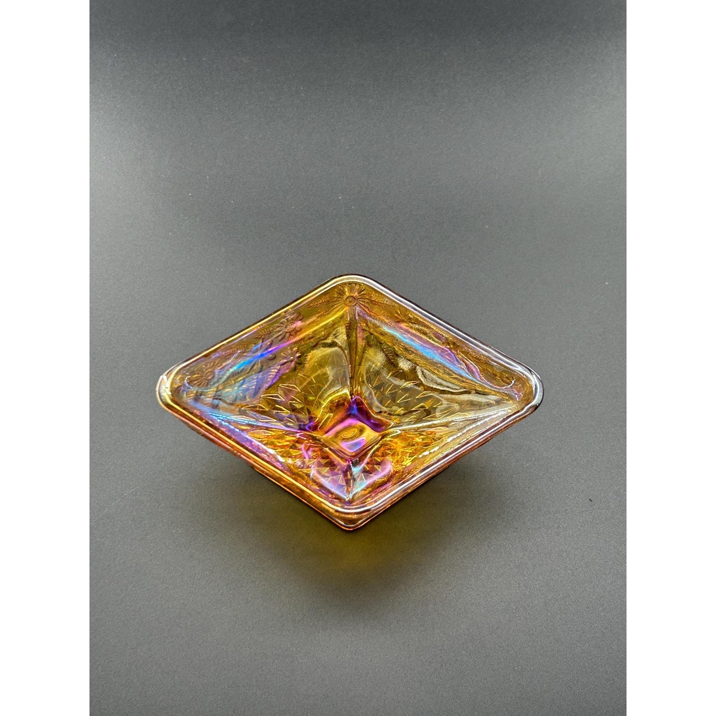 Vintage Indiana Glass Carnival Compote – Marigold Iridescent Square Pedestal Bowl, Floral Depression Glass Centerpiece