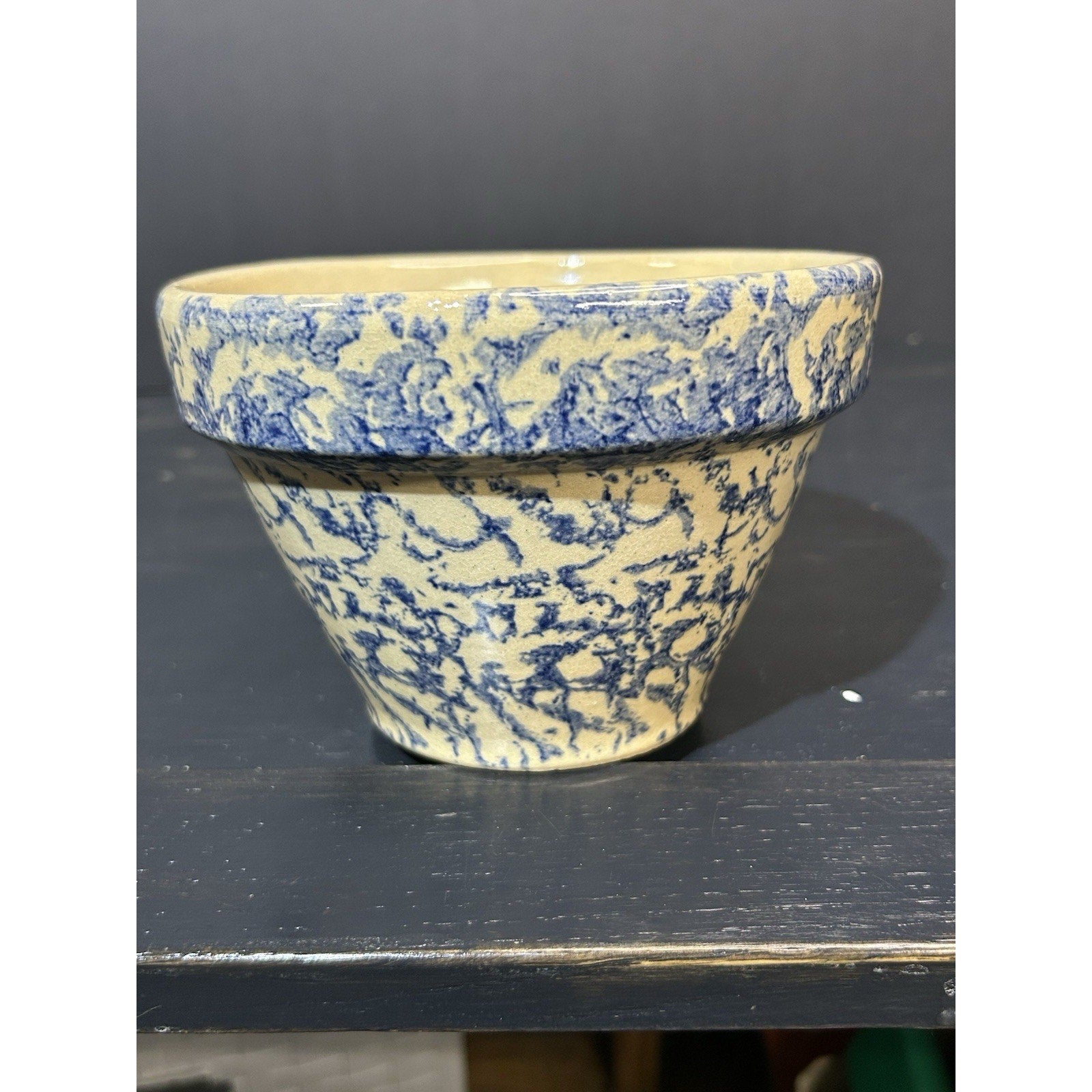 Vintage Ransbottom blue spongeware mixing bowl full profile