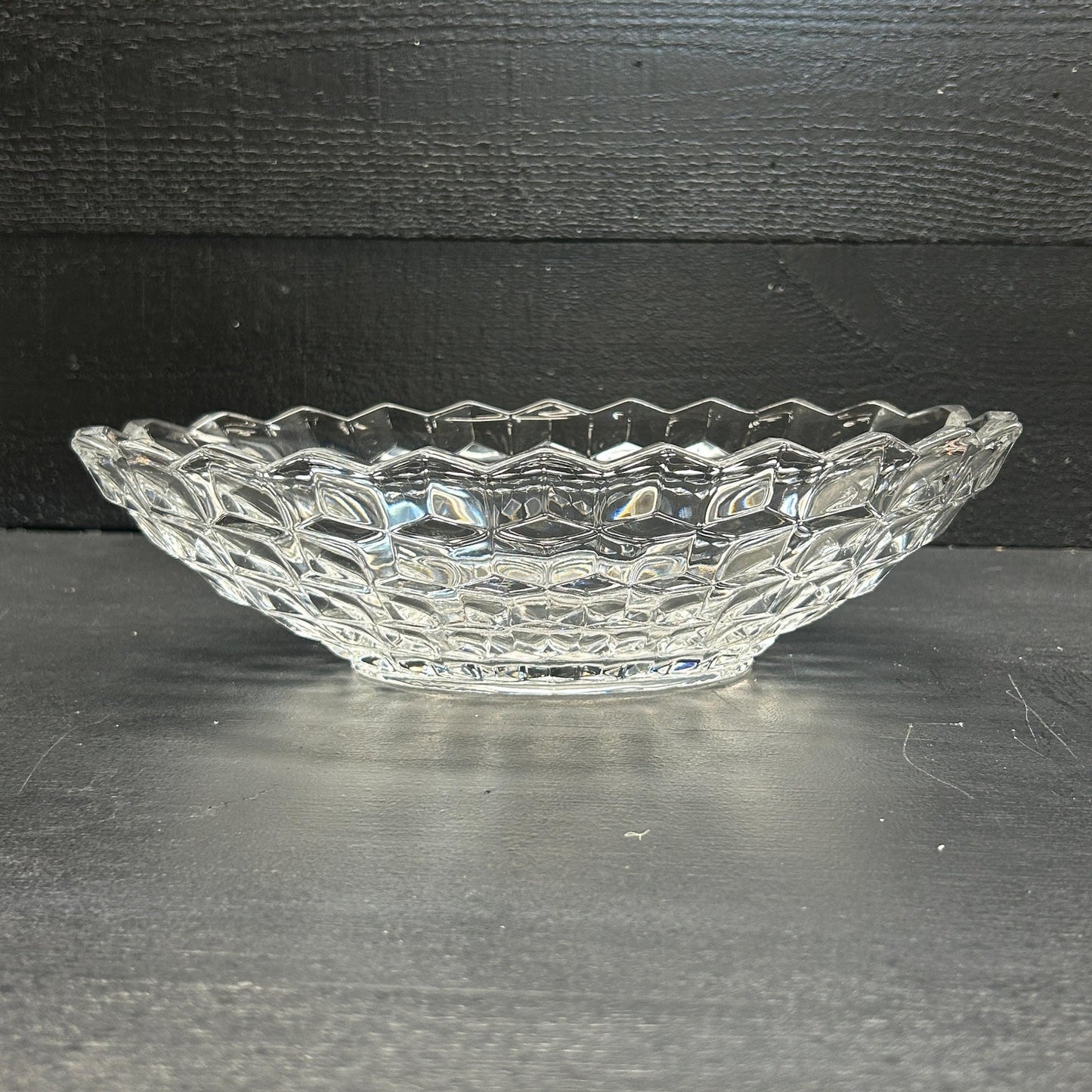 Vintage Fostoria American Clear Glass Oval Serving Bowl • Pressed Glass Cube Pattern • 9” Fruit or Salad Bowl • Elegant Tableware. Brilliant