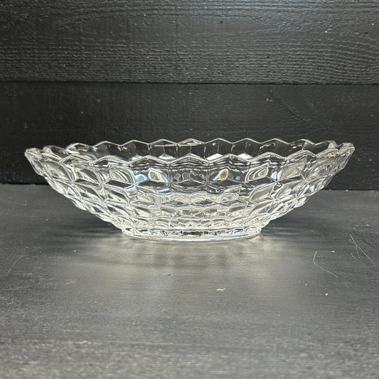 Vintage Fostoria American clear glass oval serving bowl pressed cube pattern 9 inch
