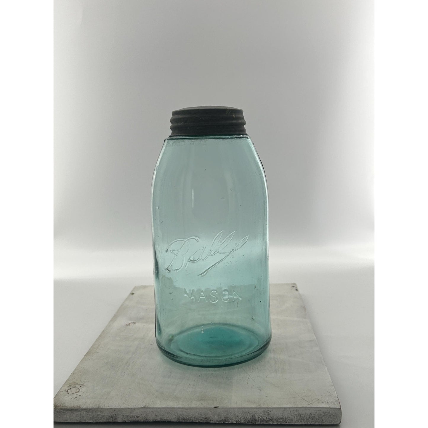 Antique Ball Mason Half Gallon Aqua Blue Triple L Script 1910–1923 Shoulder Seal Zinc Lid Large Early Collector Fruit Jar. Underlined Script