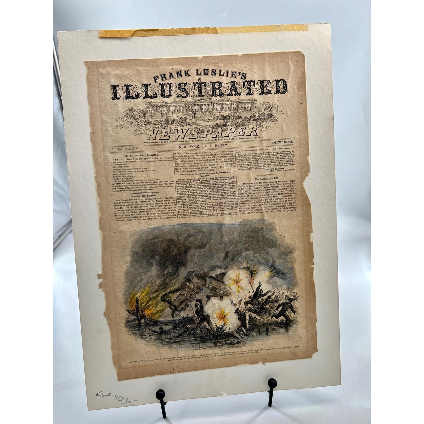 Antique Civil War 1862 Frank Leslie’s Newspaper Train Explosion Virginia Original Engraving Railroad Battle. Authentic Antique Print