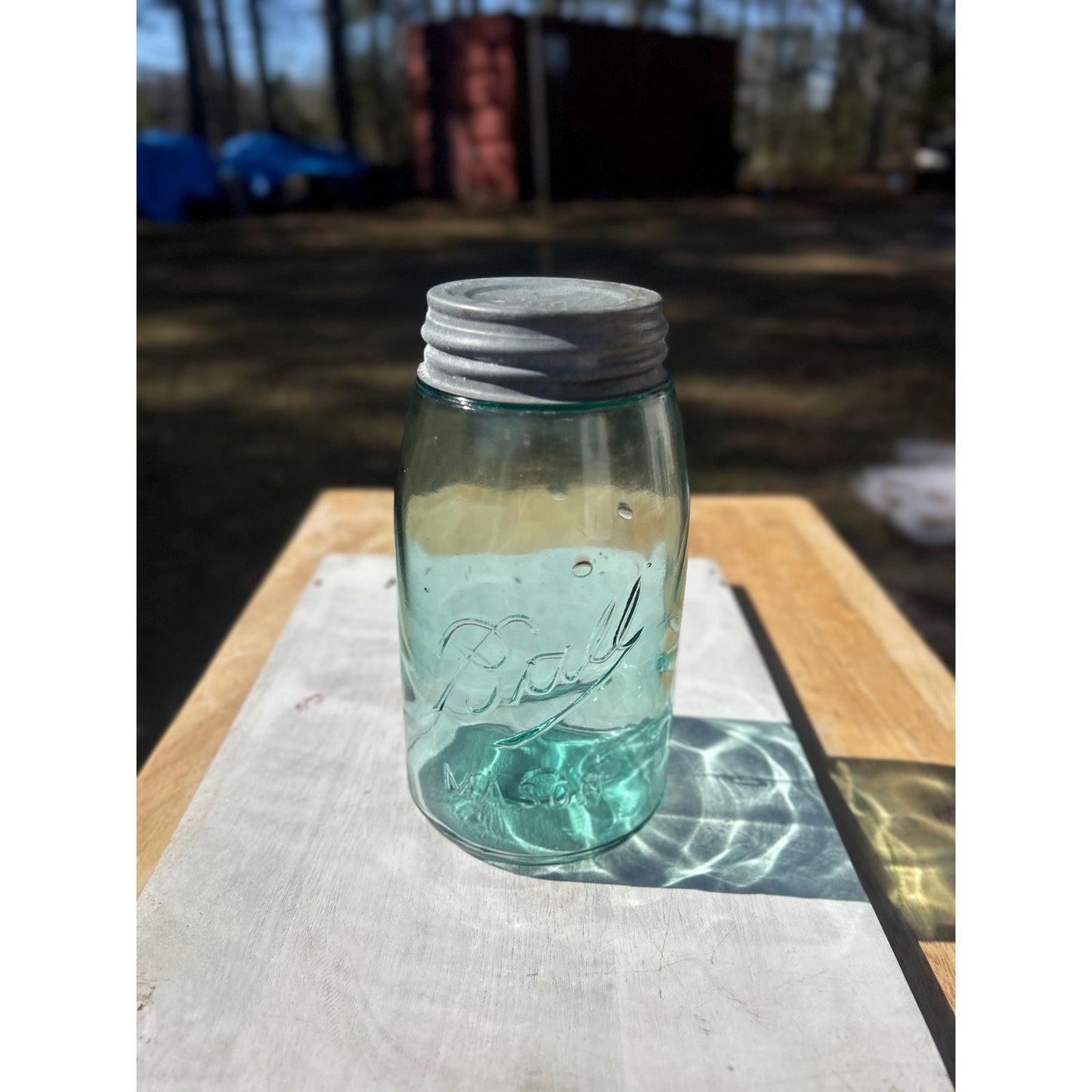 Antique Ball Mason Quart Deep Teal Aqua 1910–1923 Underlined Script Near Mint Zinc Lid 100+ Year Old Vintage Canning Jar