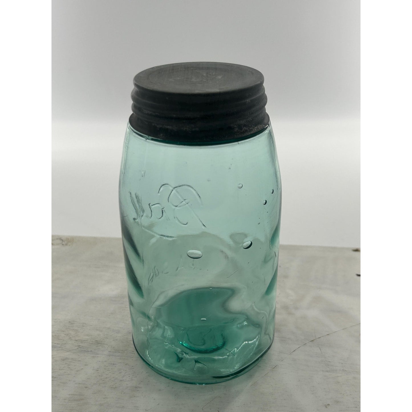 Antique Ball Mason Quart Deep Teal Aqua 1910–1923 Underlined Script Near Mint Zinc Lid 100+ Year Old Vintage Canning Jar