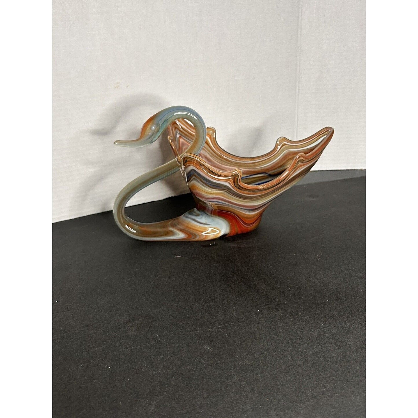 Murano style art glass swan candy dish blue orange side view