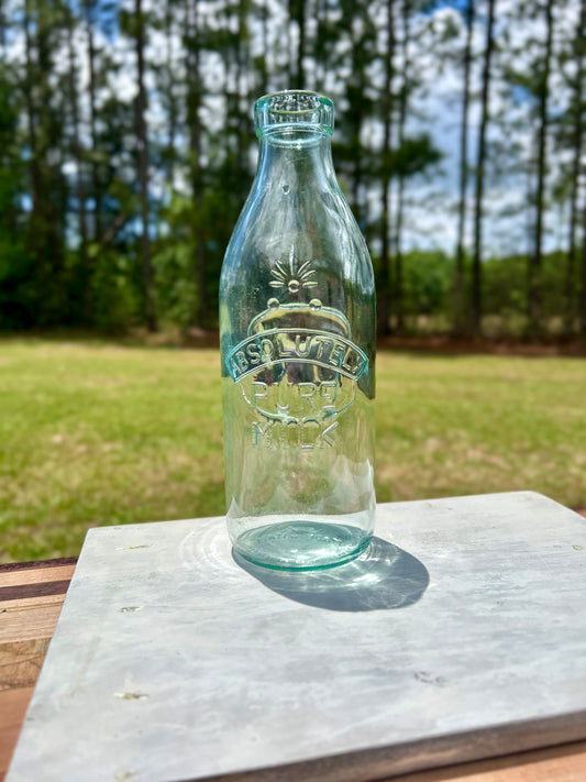 Vintage Italian Absolutely Pure Milk Bottle Embossed Cow Aqua Glass 1 Quart