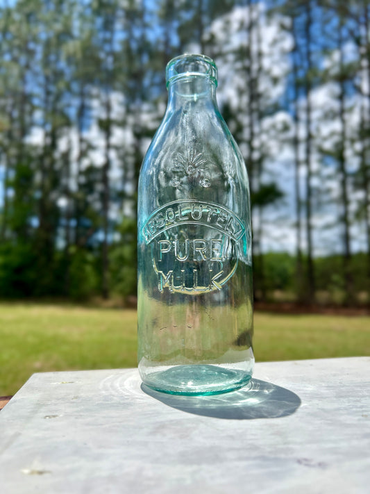 Vintage Italian Absolutely Pure Milk Bottle Embossed Cow Aqua Glass 1 Quart