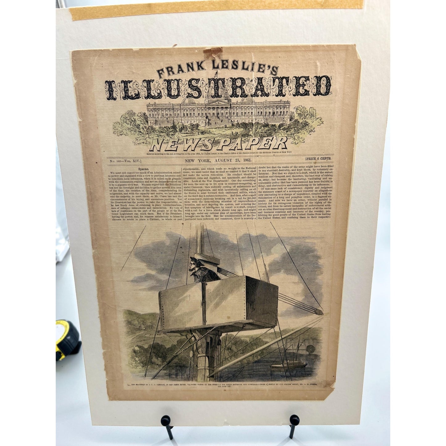 Antique Rare Civil War Newspaper 1862 Frank Leslie Illustrated Naval Masthead Lookout James River Union Warship Antique Print