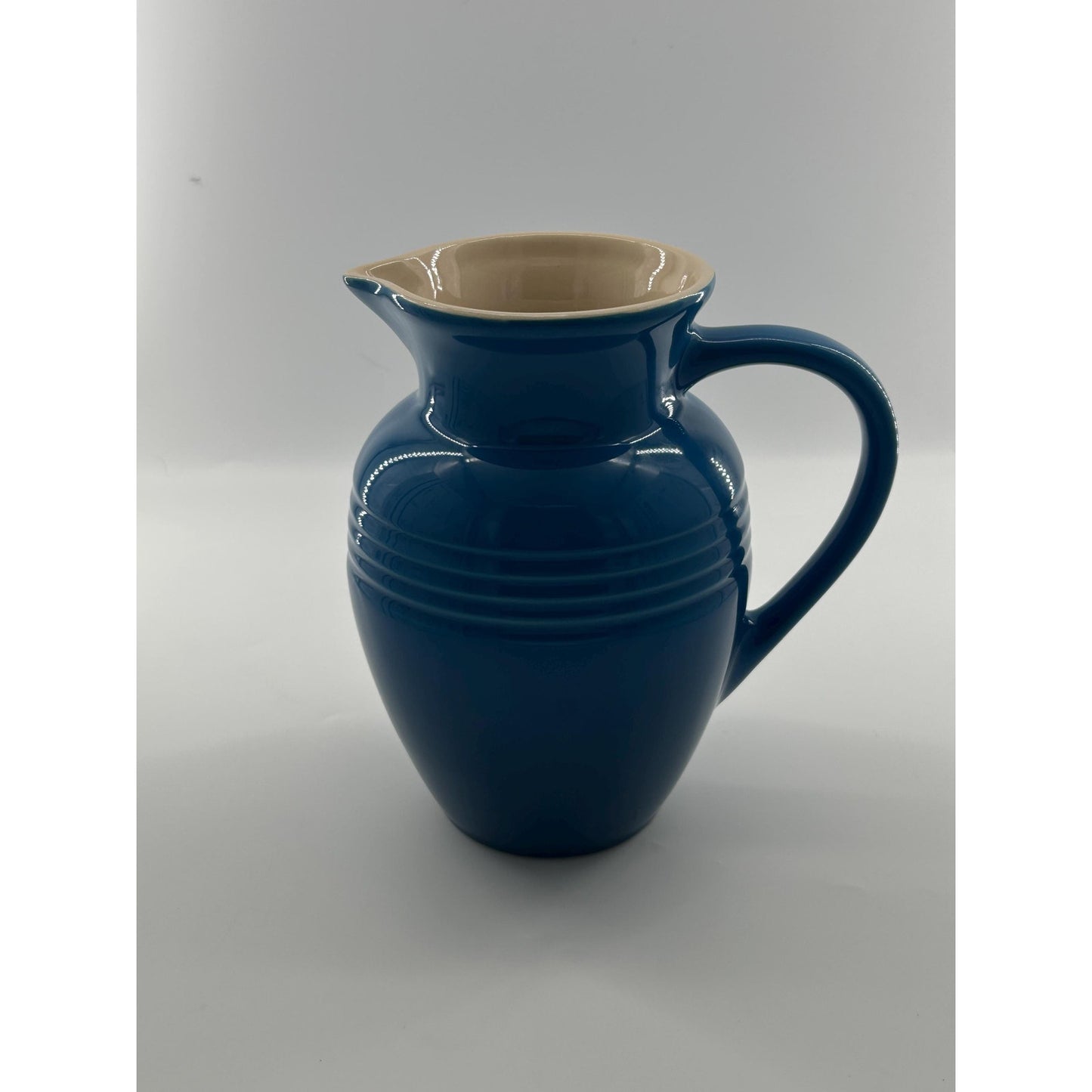 Le Creuset Marseille Blue Stoneware Pitcher Cream Interior Water Jug Farmhouse Kitchen Decor Pouring Jug French Country Decor Large Ceramic
