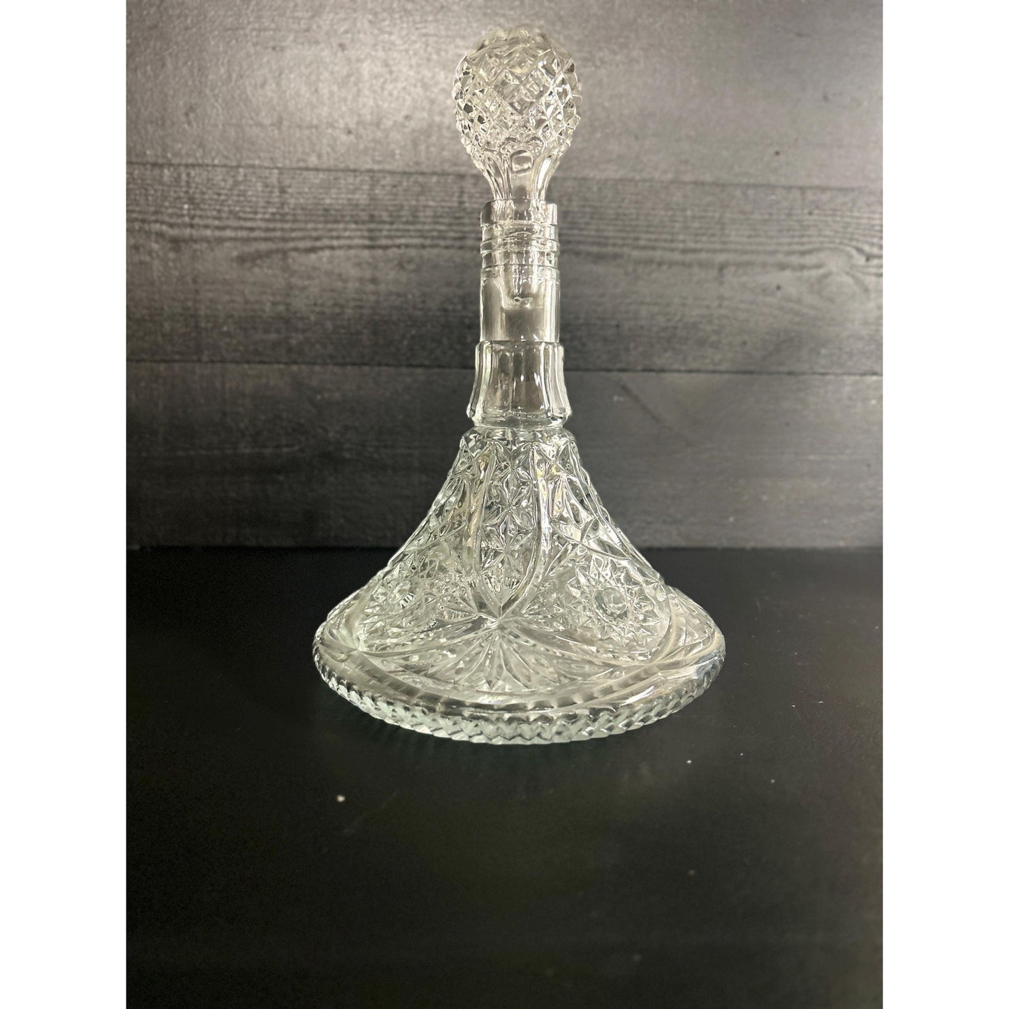 Vintage Cut Crystal Decanter with Stopper • Pressed Glass Starburst Pattern • Heavy Clear Barware • Mid-Century Liquor Whiskey Wine Bottle