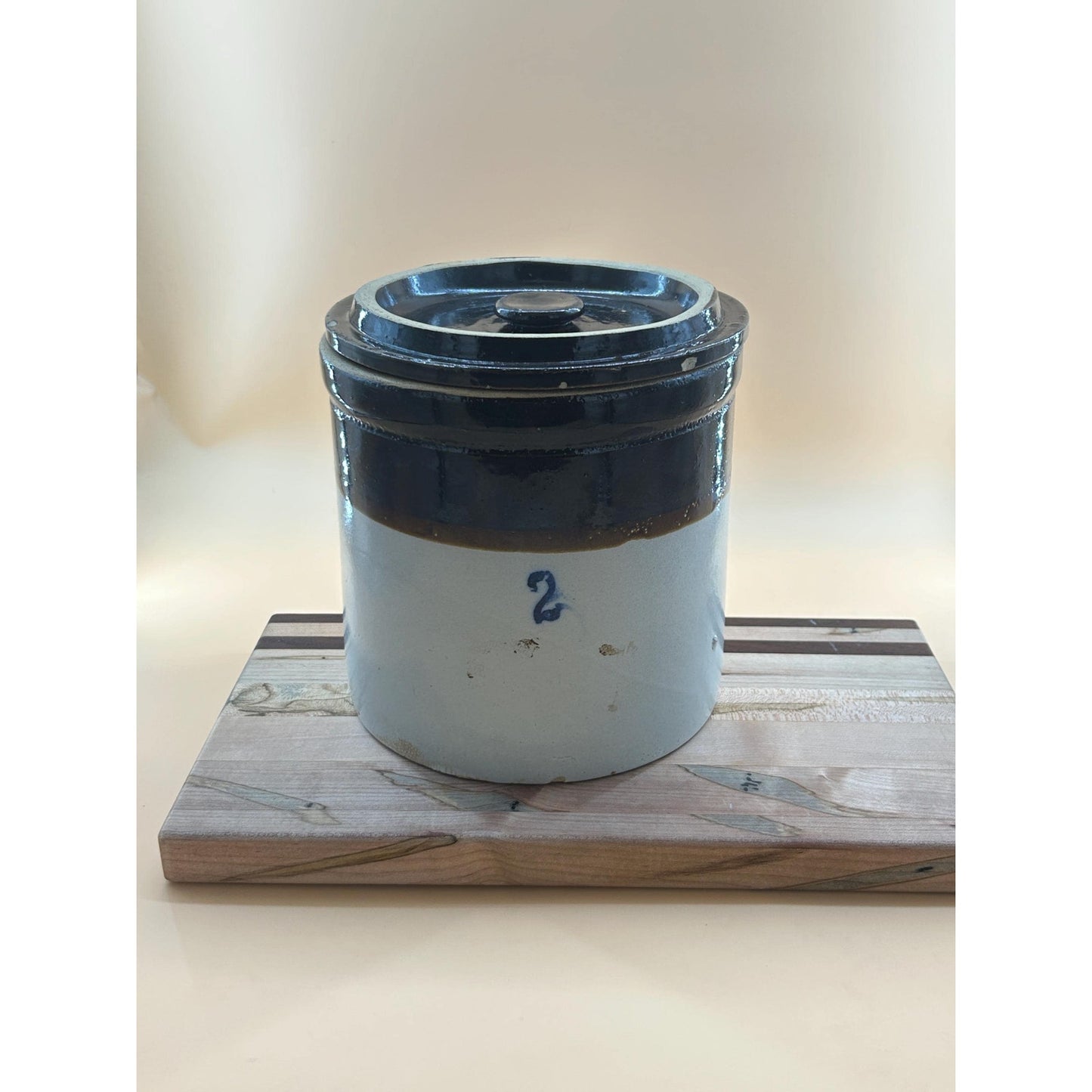 Antique 2 Gallon Stoneware Crock w/ Lid Salt Glaze Cobalt #2 Albany Slip