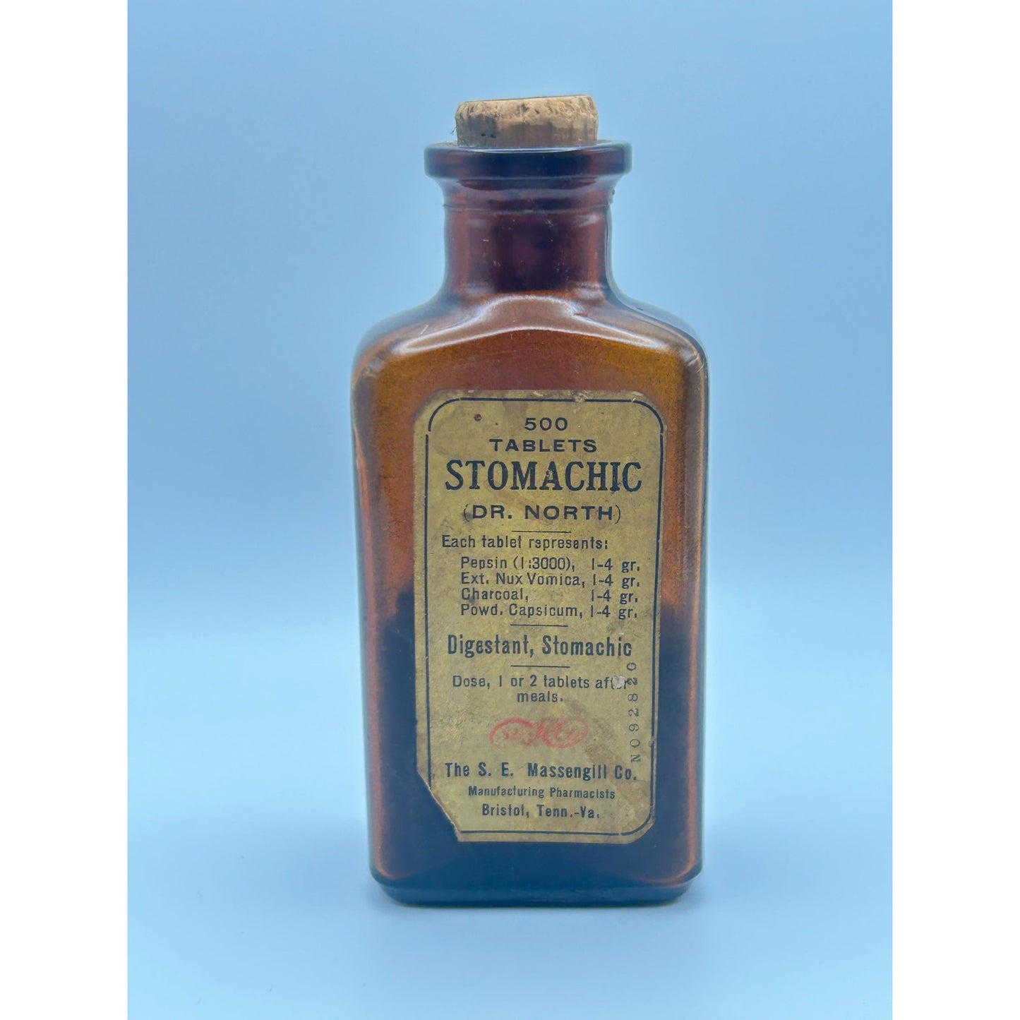 Antique Dr. North Stomachic Tablets Bottle Massengill Bristol TN Amber Glass
