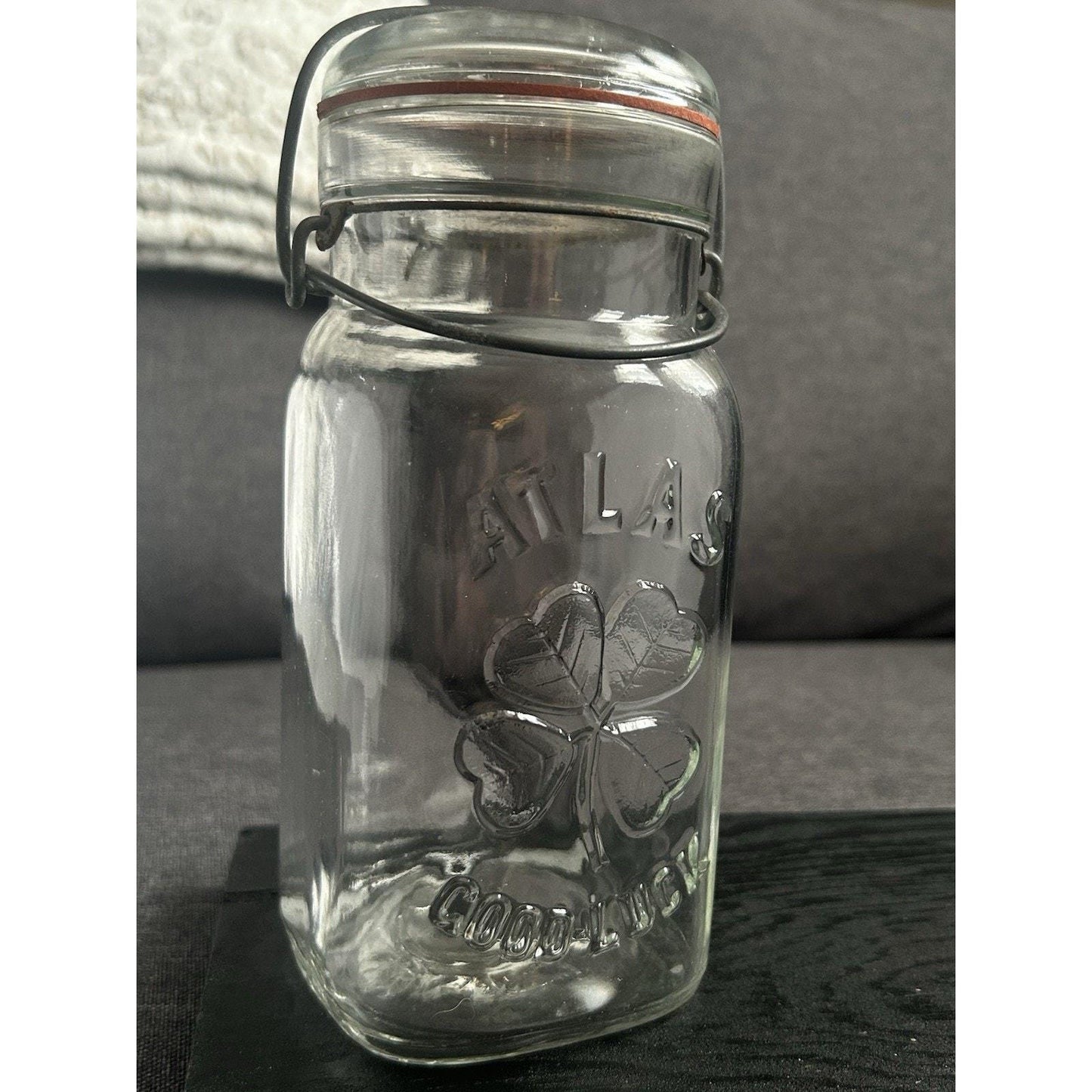 Scarce Vintage ATLAS “Good Luck” Clover Jar – Embossed Four-Leaf Canning Jar