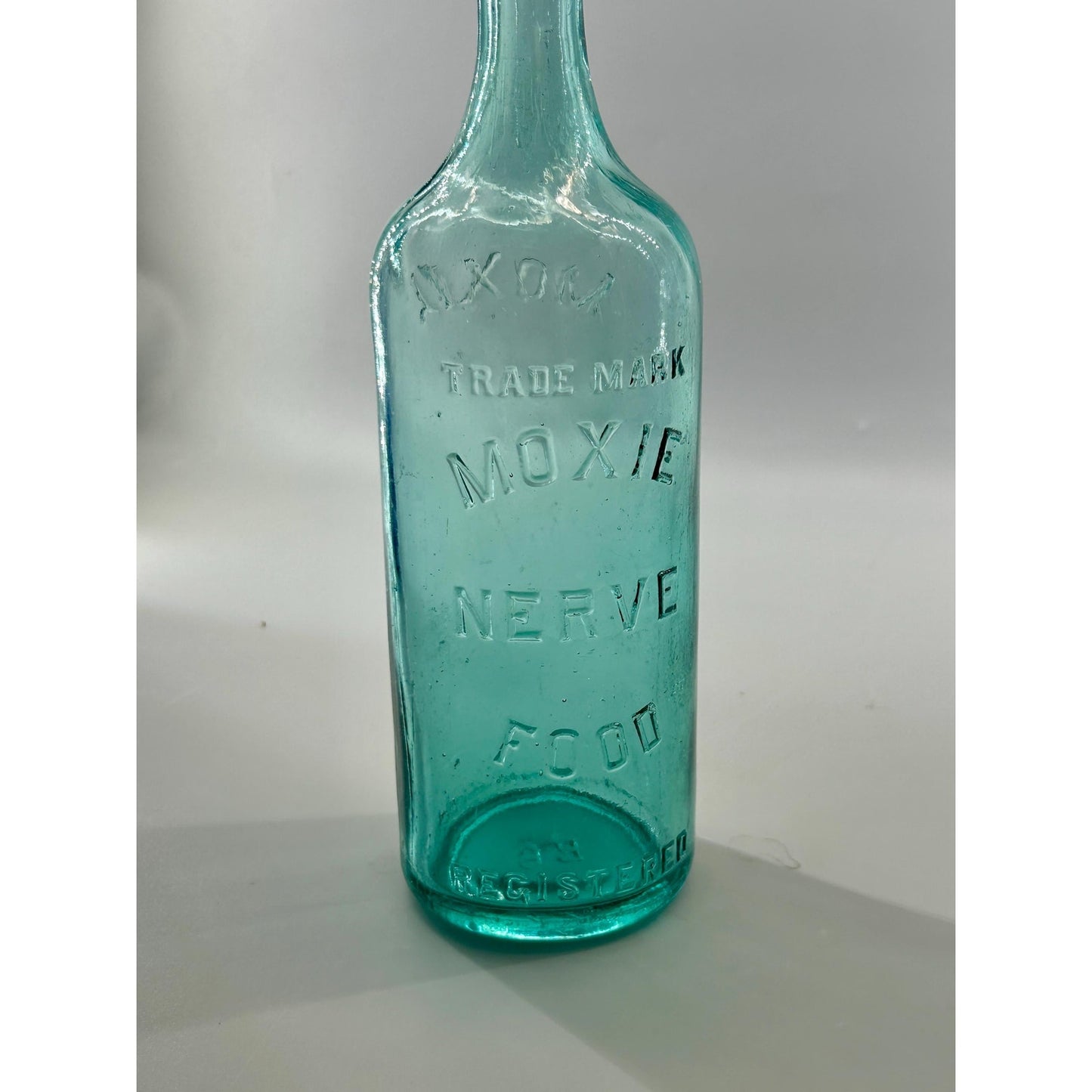 Antique Moxie Nerve Food Registered Bottle Aqua Glass Lowell MA Quack Medicine Soda Advertising Early 1900s Rare Display
