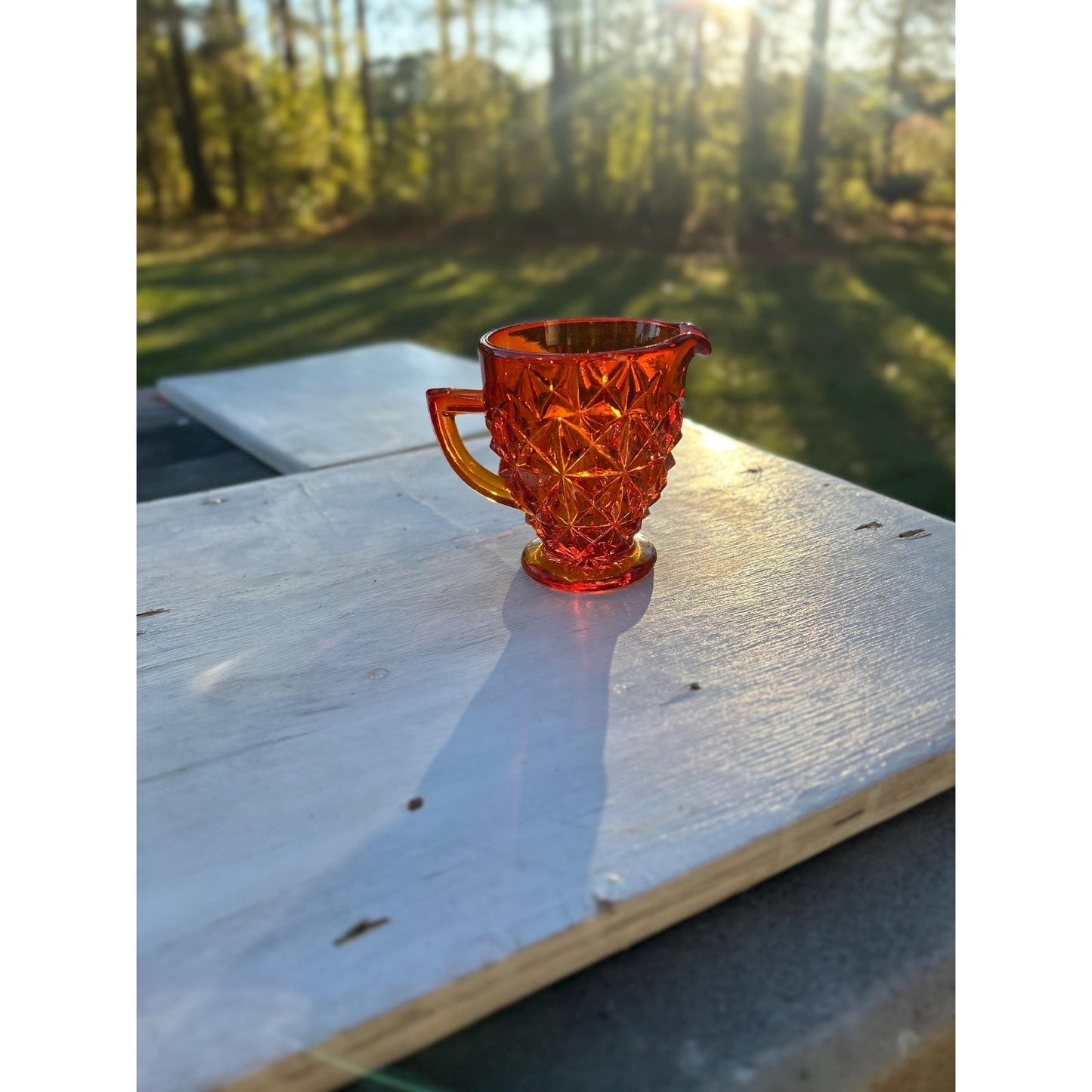 Selenium Diamond Point Glass Creamer | Glows Under UV | Vintage Red Orange Mini Pitcher | Mid Century Art Glass | Uranium Reactive. Amberina
