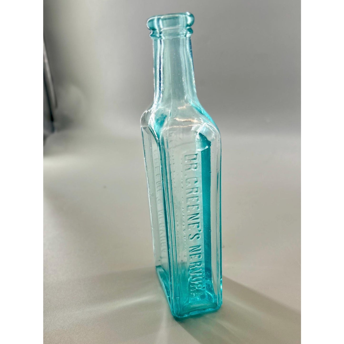 Antique Dr Greene’s Nervura Aqua Blue Patent Medicine Bottle c1890 Embossed Blood Nerve Remedy Apothecary Glass
