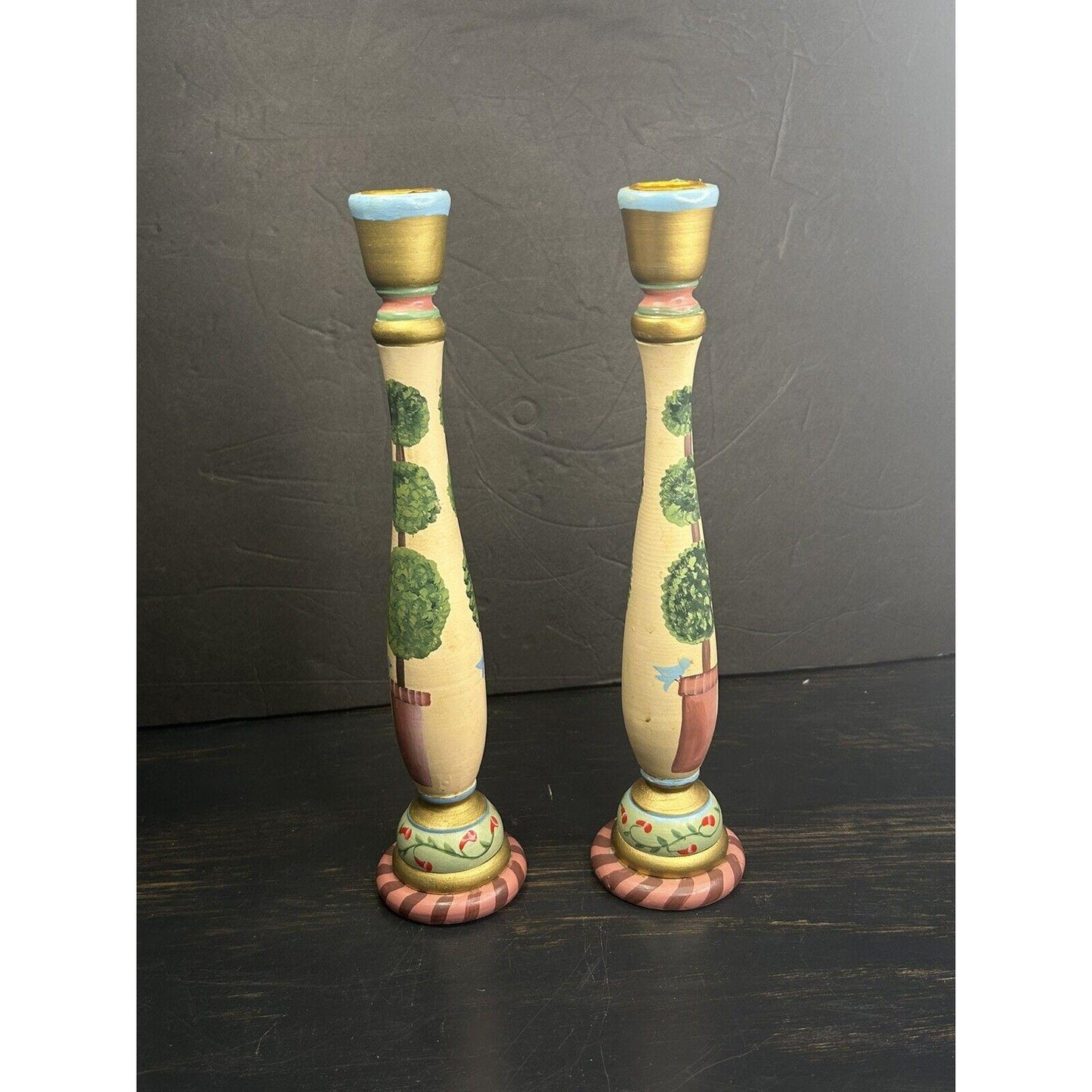 Folk Art Hand-Painted Wooden Candle Holders – Southwestern Bird Design