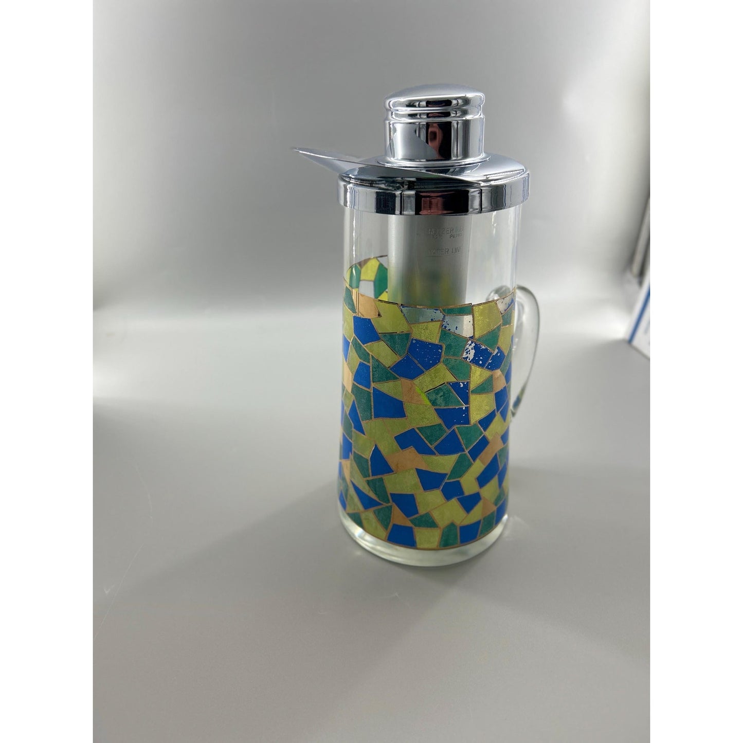 Mid Century Modern Mosaic Glass Pitcher w Chrome Lid & Ice Tube Insert – 1960s Atomic Barware – Retro MCM Entertaining