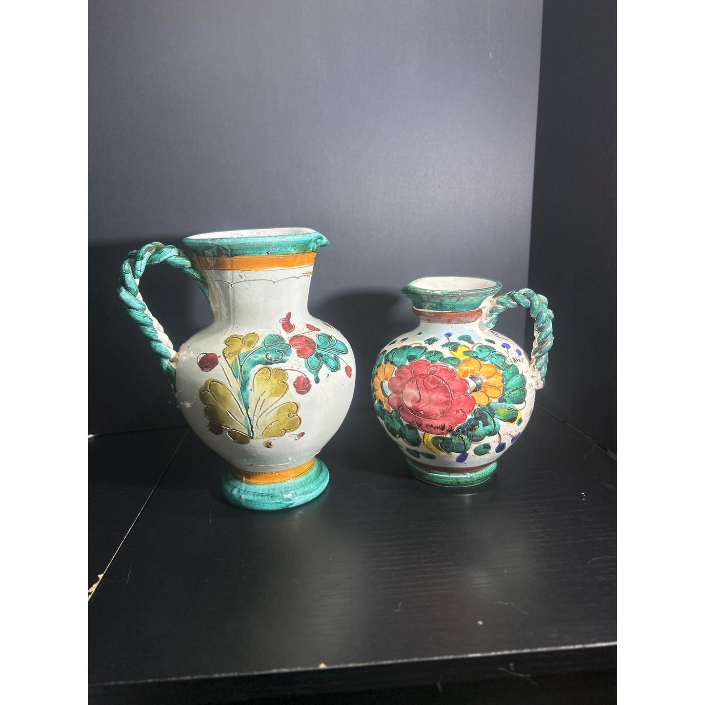 Pair of Hand Painted Majolica Pitchers | Braided Handle Floral Pottery Set | Spanish Rustic Ceramic Jugs | Tuscan Mediterranean Home Decor