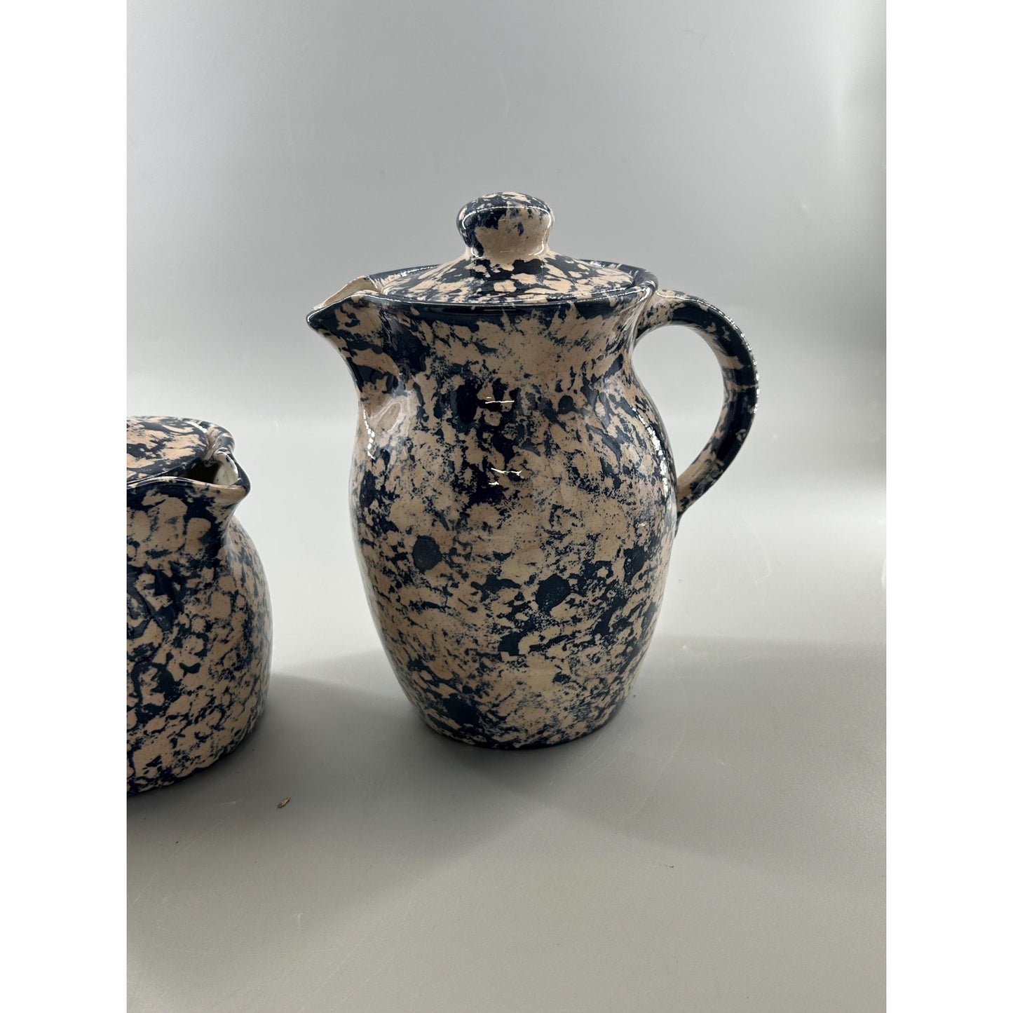 Vintage spongeware pitcher creamer set all angles