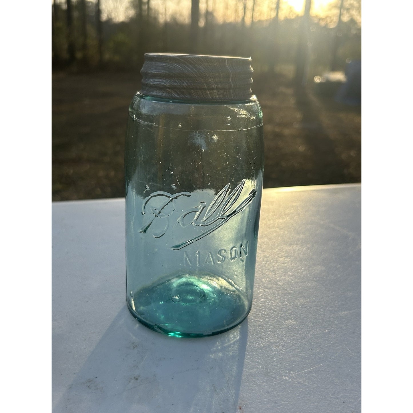 Antique Ball Triple L quart jar aqua blue all angles