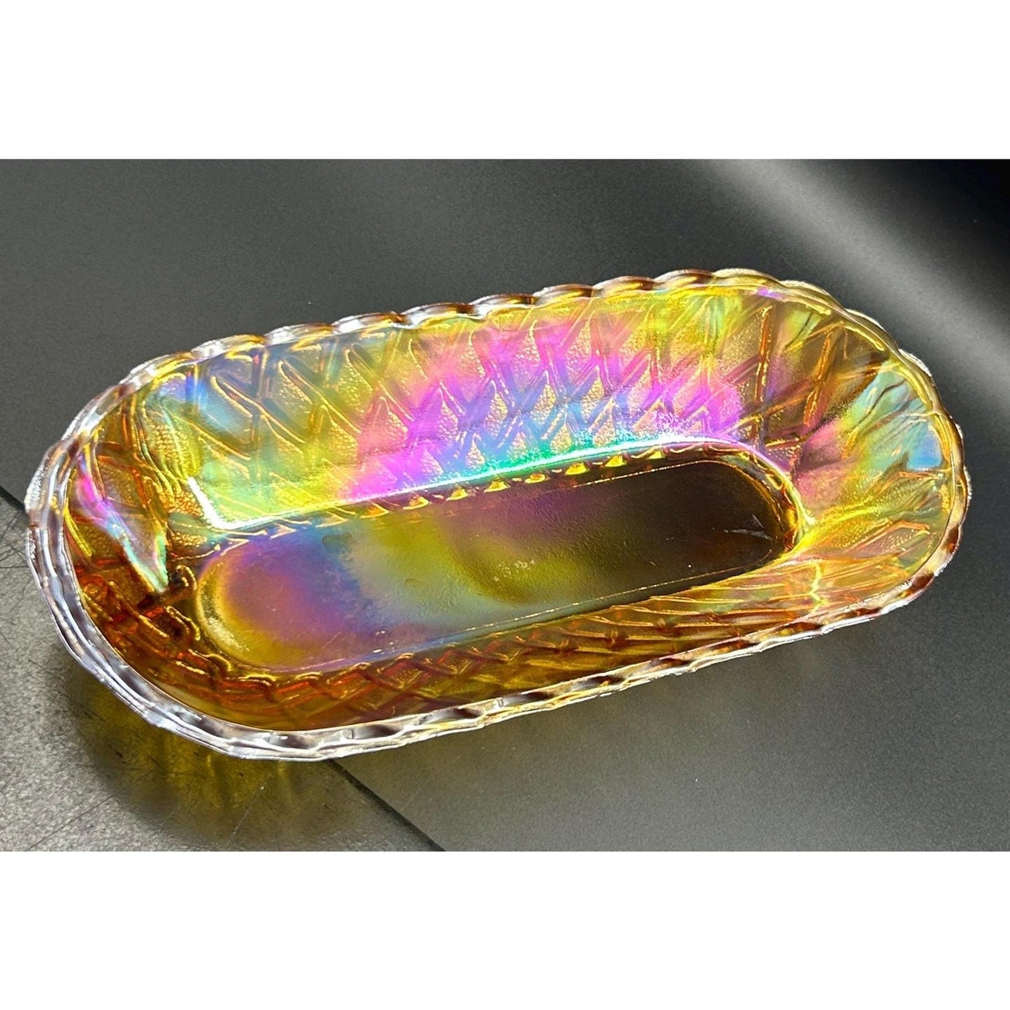Vintage Indiana Carnival Glass Relish Tray – Marigold Iridescent Diamond Pattern