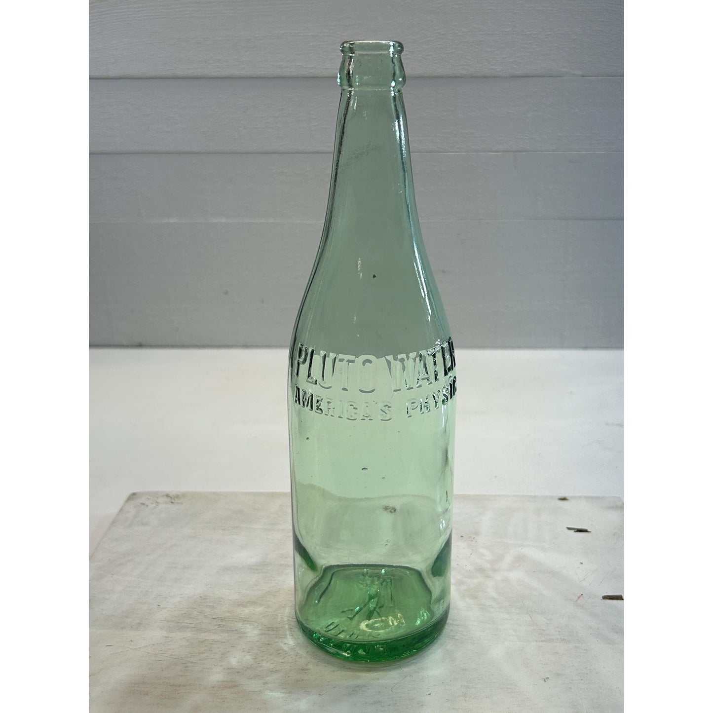 Vintage Pluto Water Bottle with Devil Logo – 1920s–40s Embossed Aqua Glass Soda Mineral Water Bottle – Indiana Collectible rare Apothecary