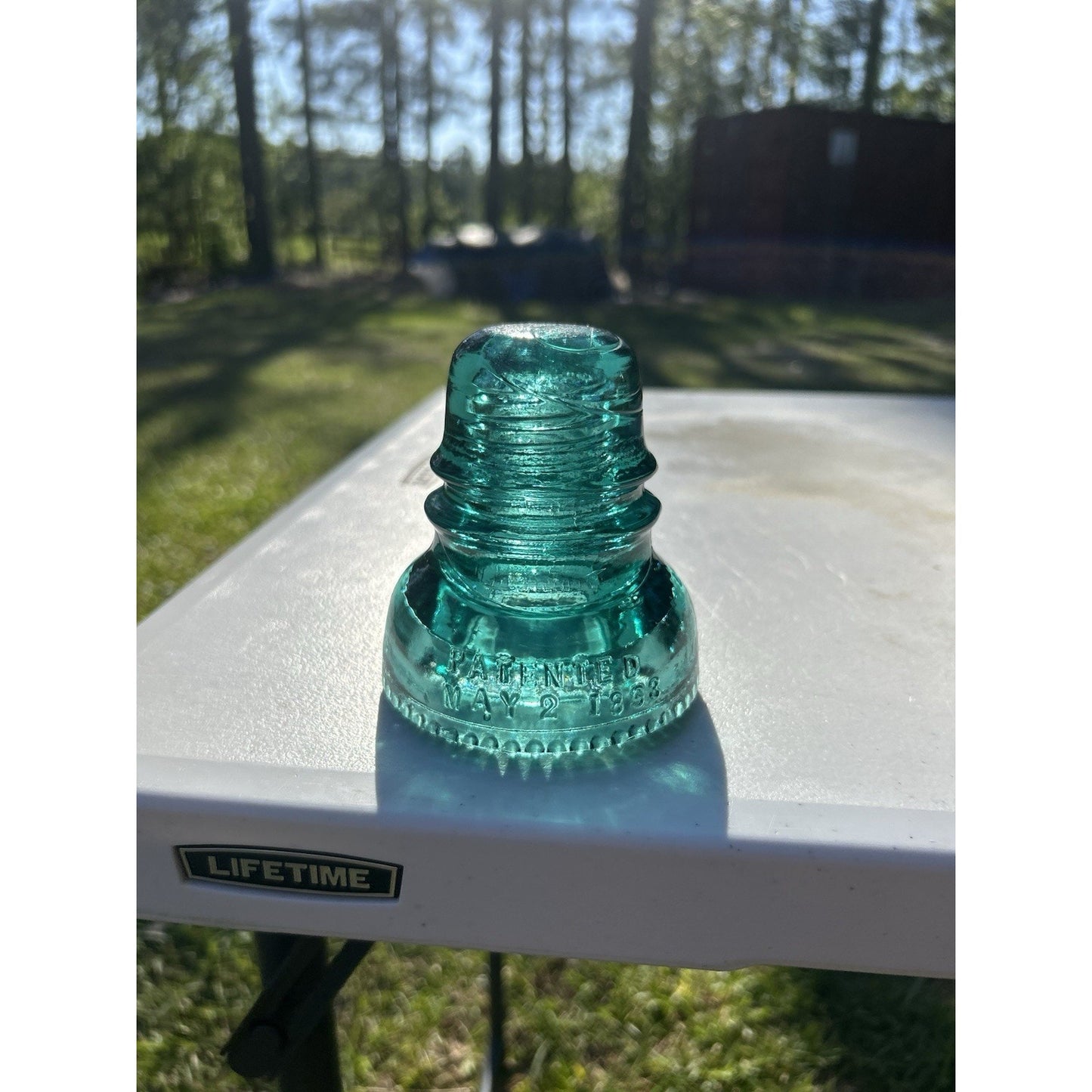 Hemingray Petticoat aqua glass insulator Patent May 2 1893 side