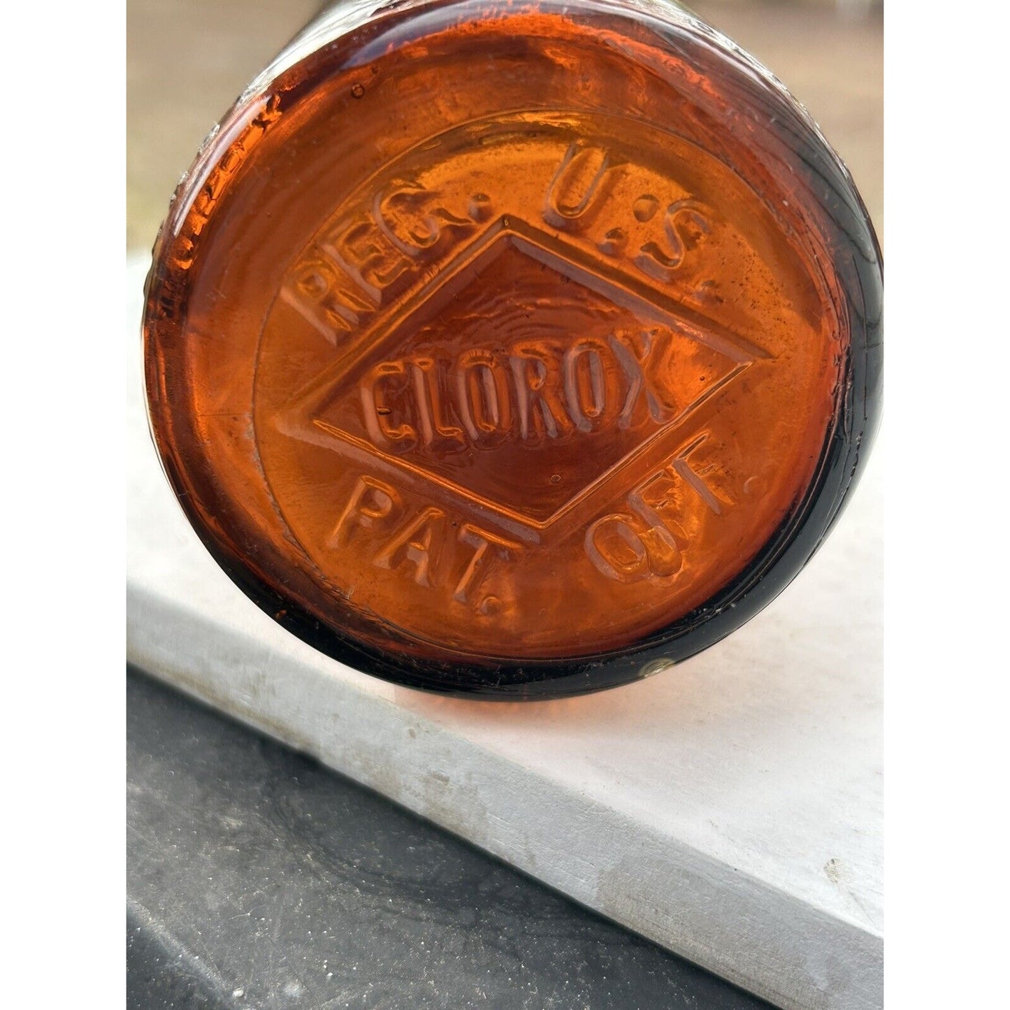Vintage 1929 Clorox amber bottle full profile display