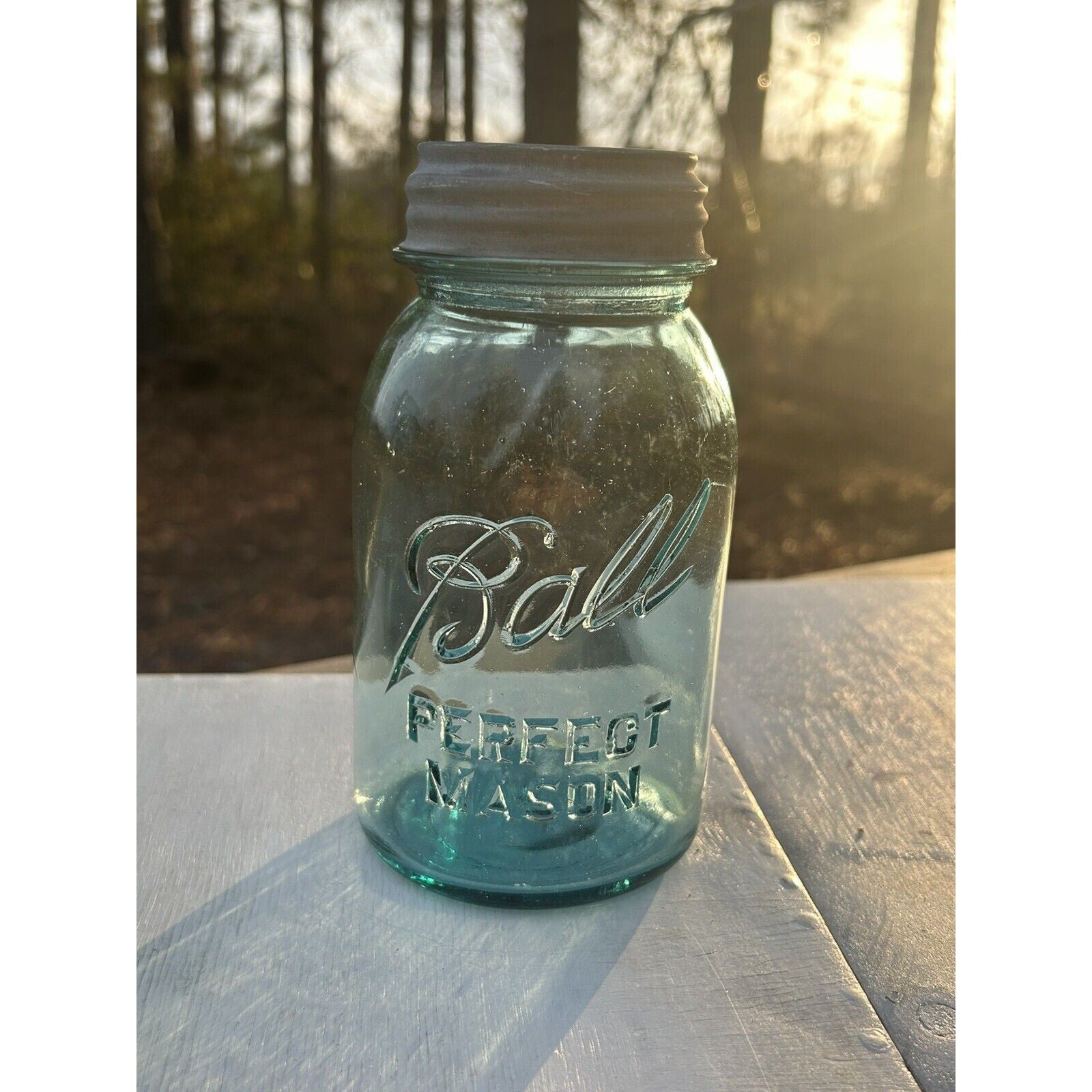 Rare Antique Blue Ball Perfect Mason Jar Blue with Milk Glass Zinc Lid 1920s