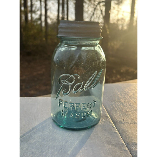 Rare Antique Blue Ball Perfect Mason Jar Blue with Milk Glass Zinc Lid 1920s