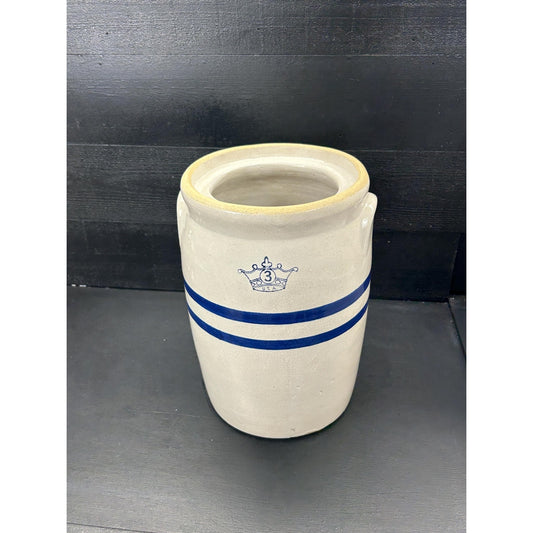 Antique 3 Gallon Stoneware Crock Blue Band Crown USA Primitive Farmhouse Rustic Cottagecore Decor. Vintage kitchen home decor