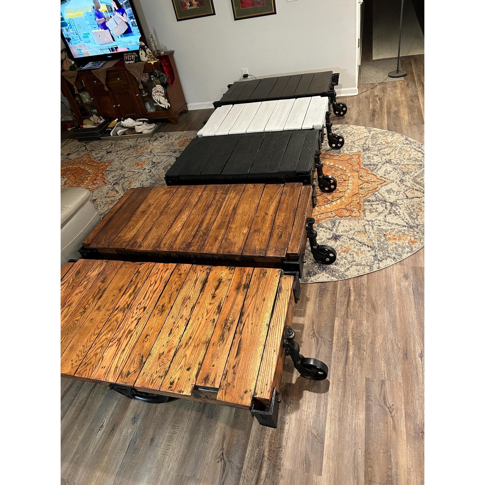 Antique Lineberry factory cart coffee table — restored 1800s industrial rolling cart with cast iron Daisy Wheel casters