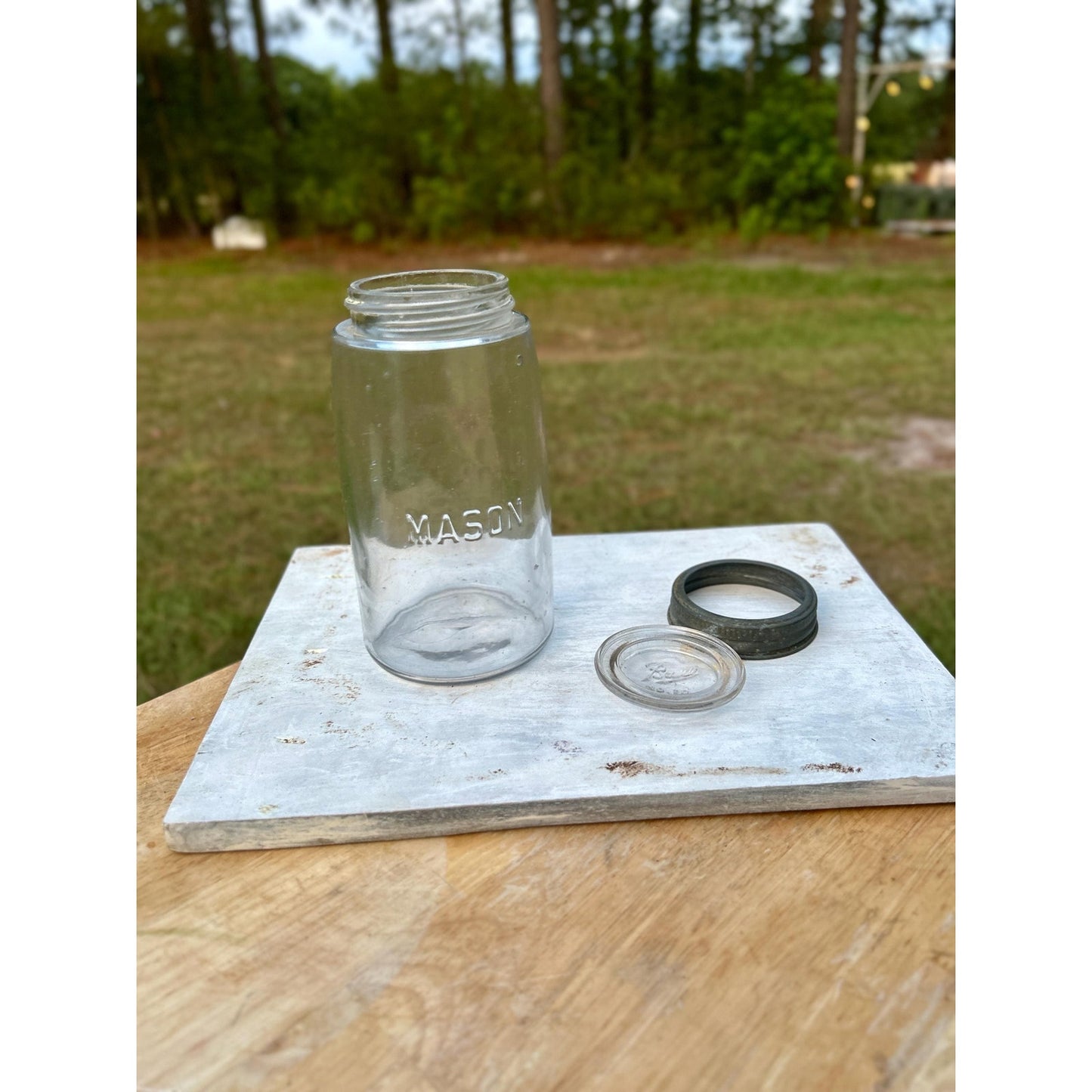 Vintage Mason Quart Fruit Jar Straight Line Clear Glass w/ Ball No. 10 Glass Lid. Gorgeous crisp embossing . With glass bubbles