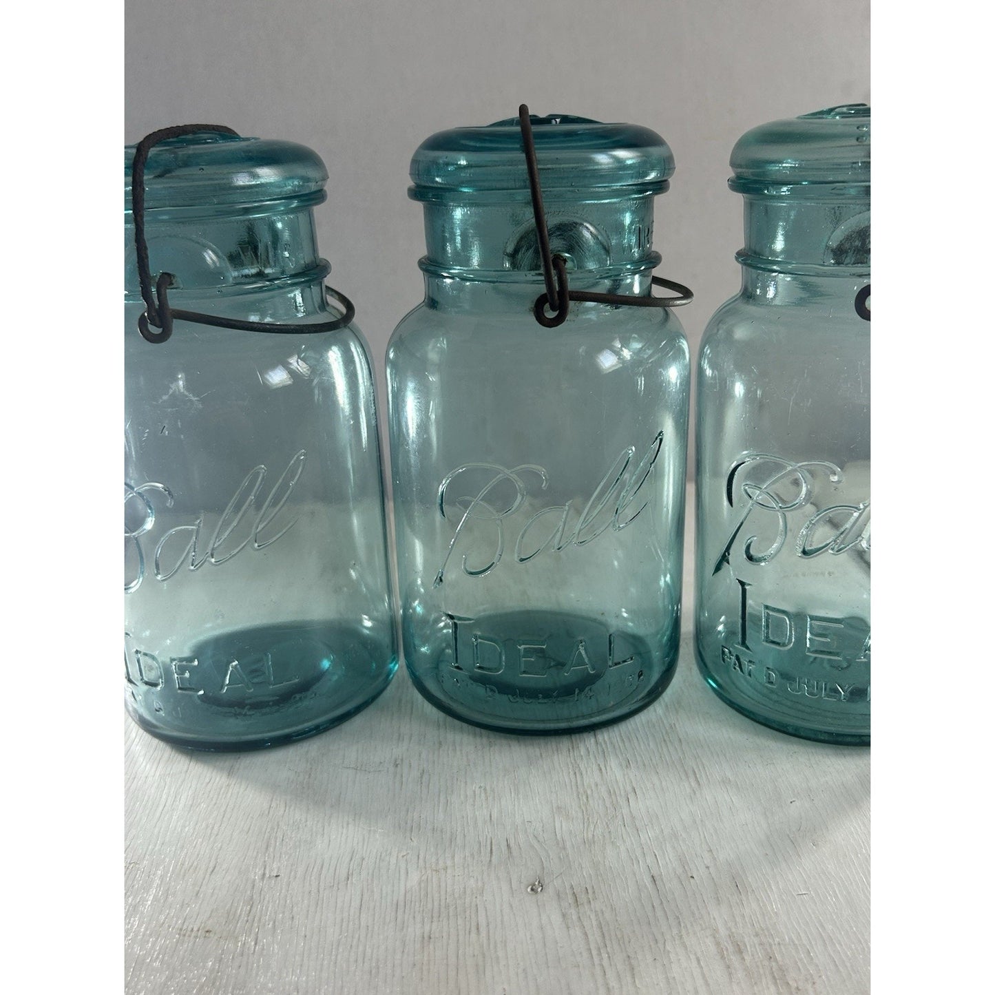Lot of 3 Ball Ideal Blue Wire Bail Mason Jars Pat’d 1908 Vintage Quart Set. RARE
