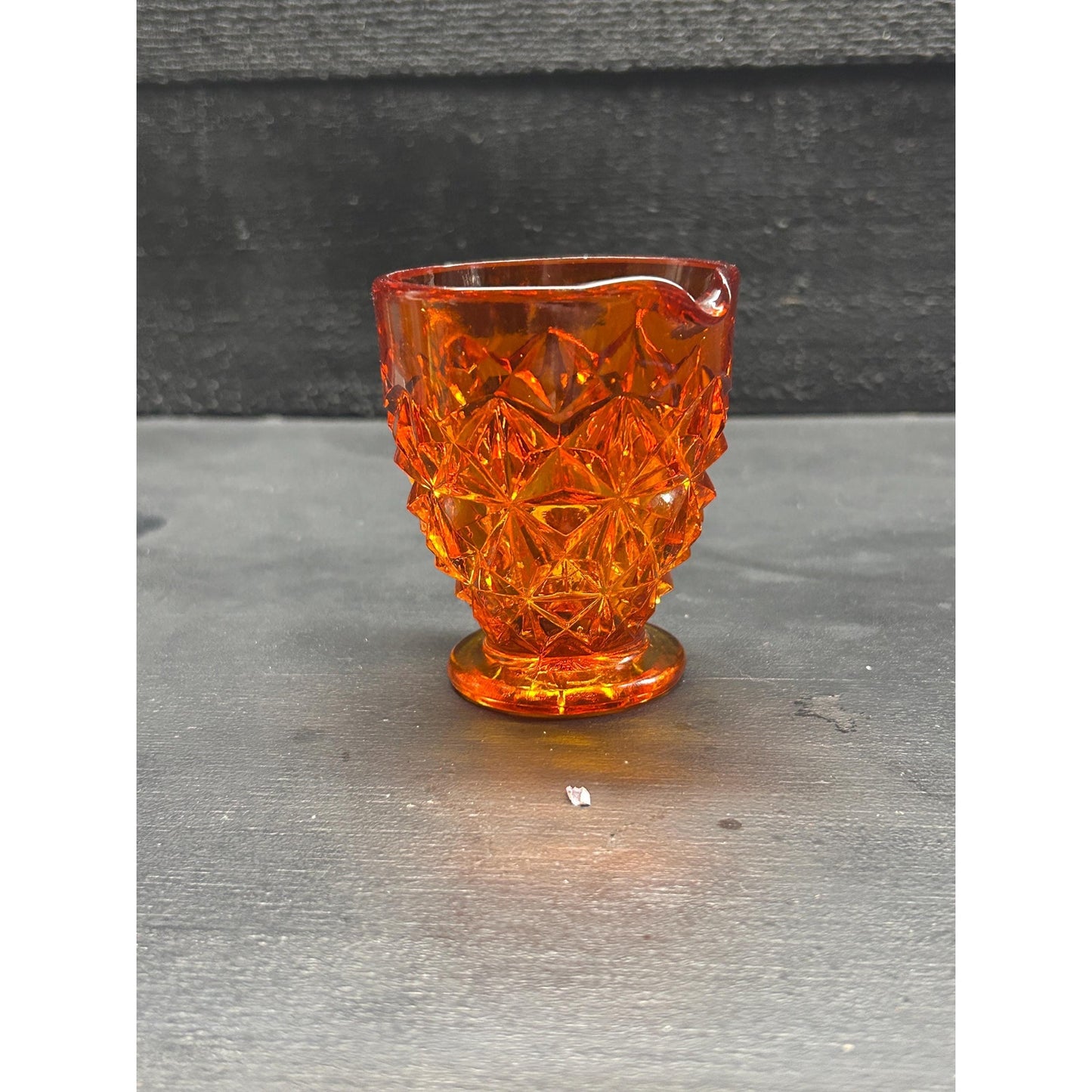 Selenium Diamond Point Glass Creamer | Glows Under UV | Vintage Red Orange Mini Pitcher | Mid Century Art Glass | Uranium Reactive. Amberina