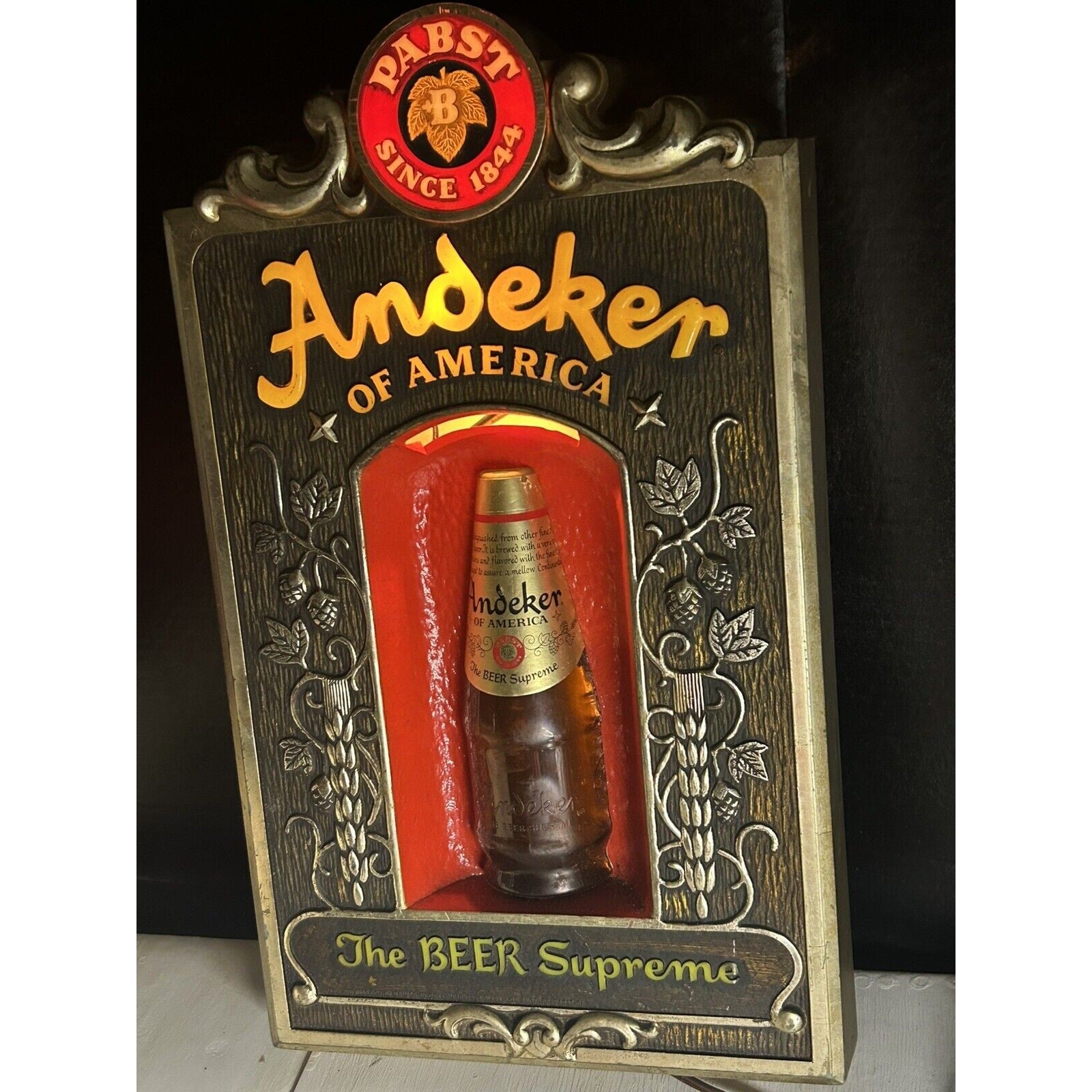 PABST Andeker vintage advertising bar sign light off dark view