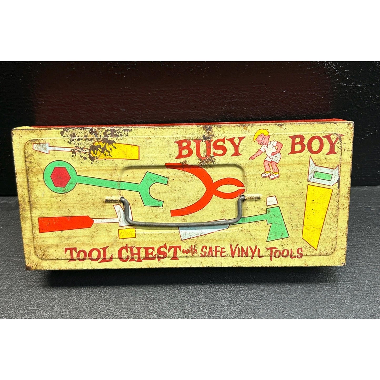 Vintage 1950s Busy Boy Tool Chest by Ohio Art • Tin Toy Tool Box with Retro Graphics • Safe Vinyl Tools • Mid Century Collectible tool toy