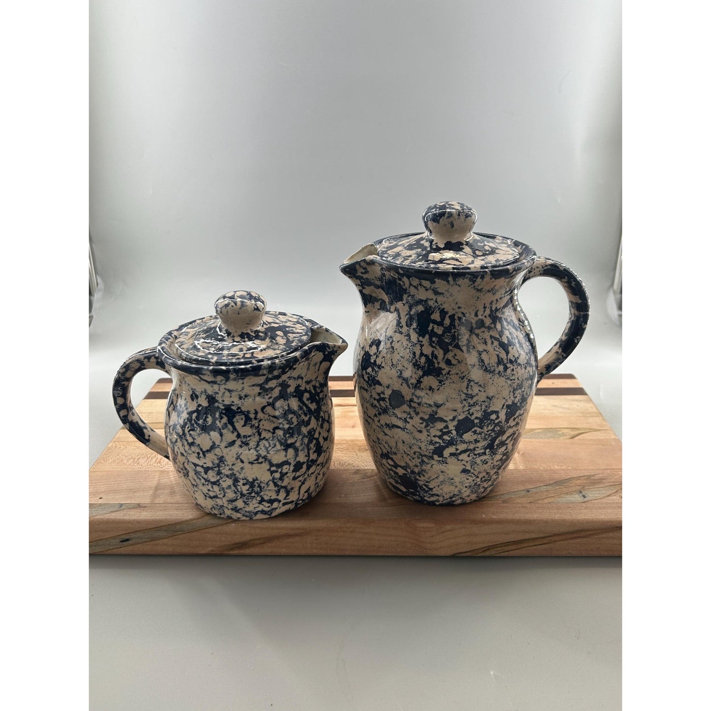 Vintage Blue Spongeware Stoneware Pitcher & Creamer Set with Lids — Cobalt Farmhouse Kitchen Decor