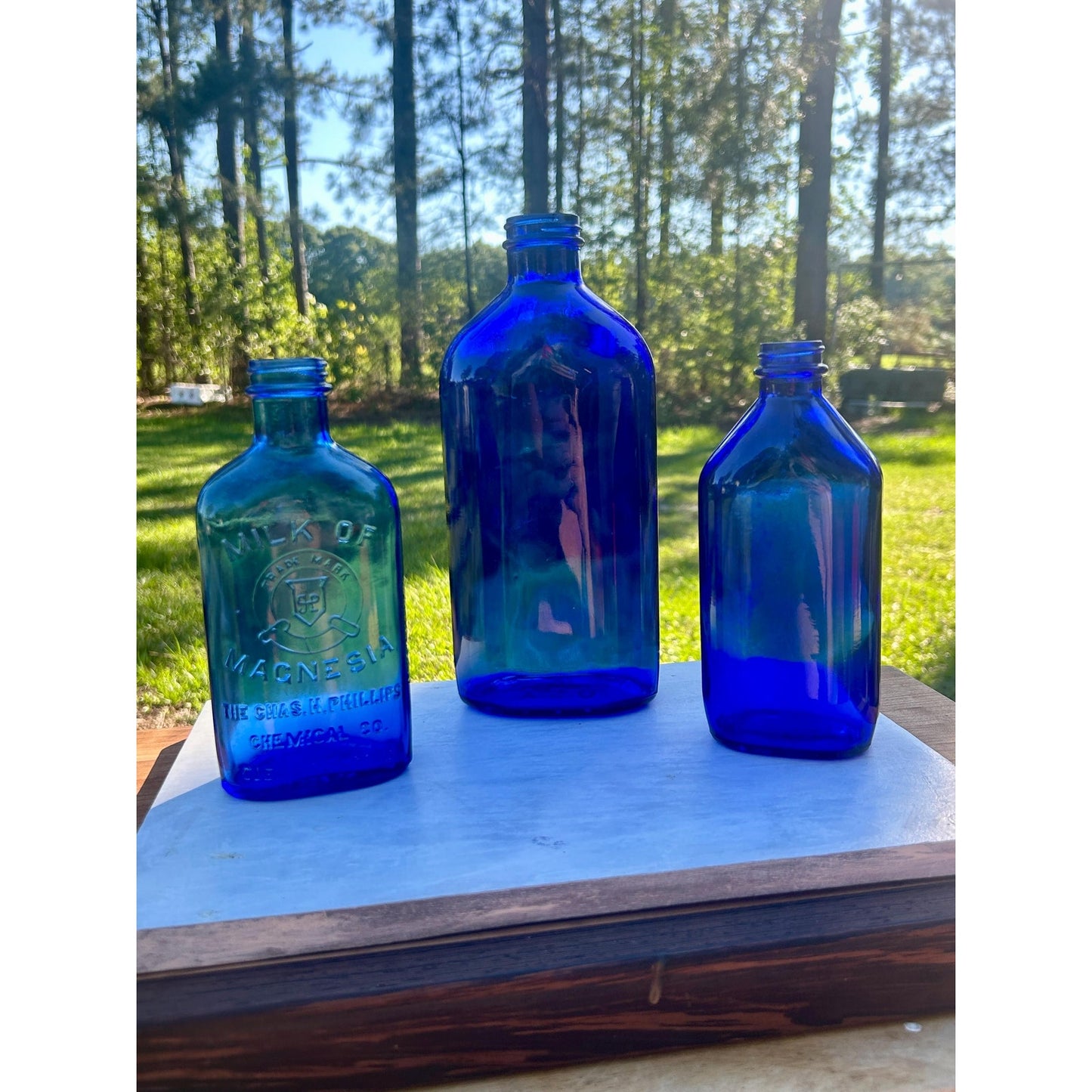 Antique Cobalt Blue Apothecary Bottle Lot Phillips Milk of Magnesia Pharmacy Drugstore Glass Decor