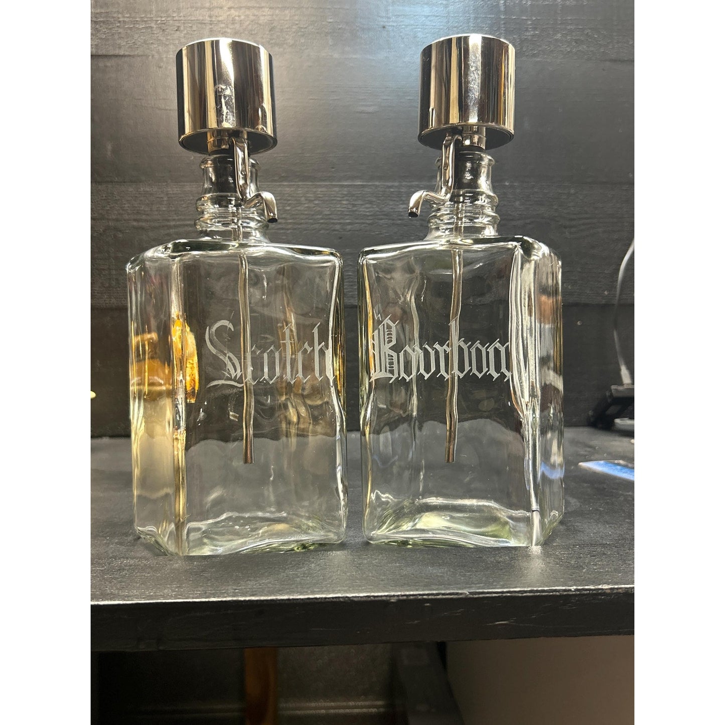 Vintage Mid Century Scotch & Bourbon Decanter Set – Etched Glass Liquor Bottles with Chrome Pump Tops – Retro Barware Gift Pair. mancave