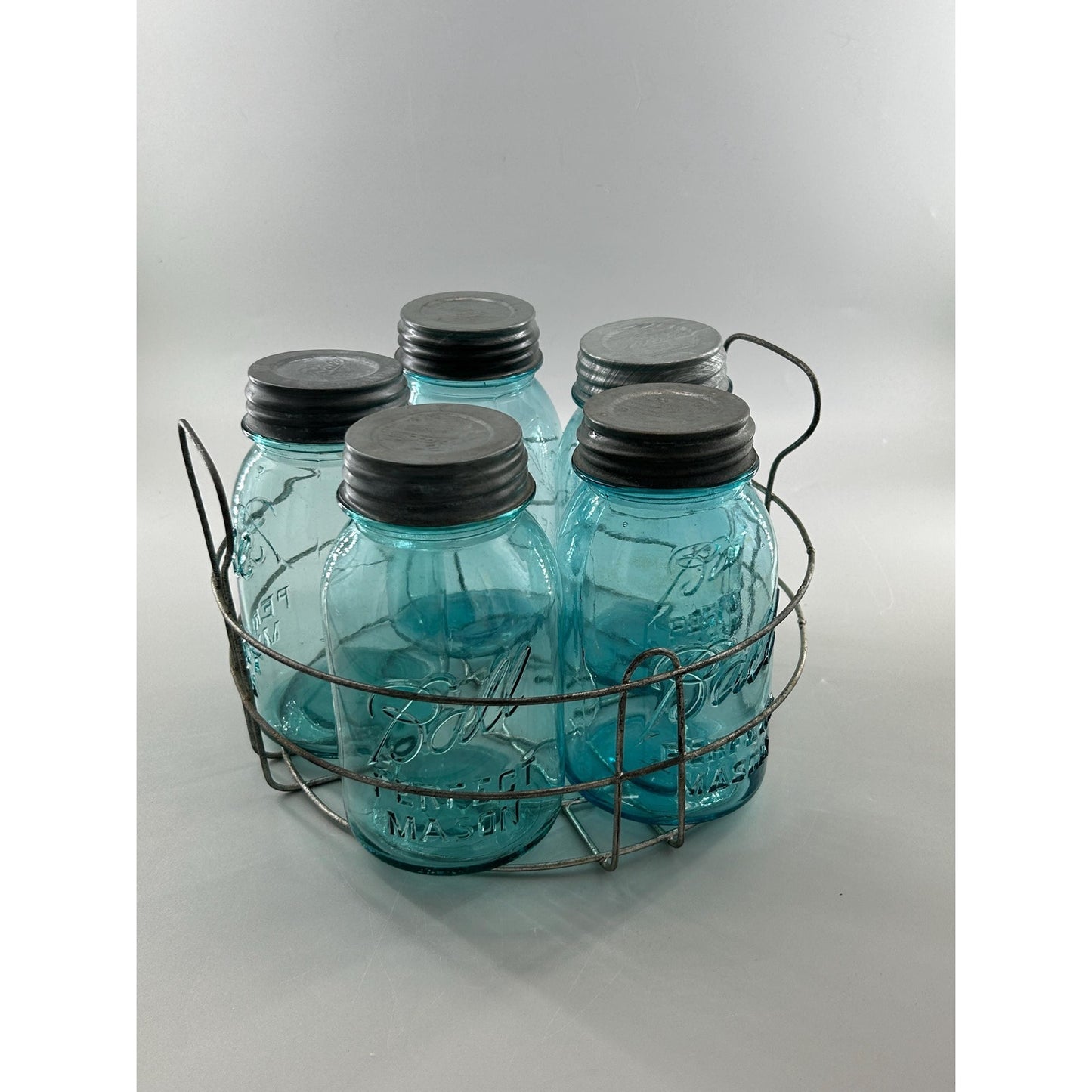 Vintage Ball Perfect Mason Jar Set Aqua Blue w Wire Carrier Zinc Lids 5pc