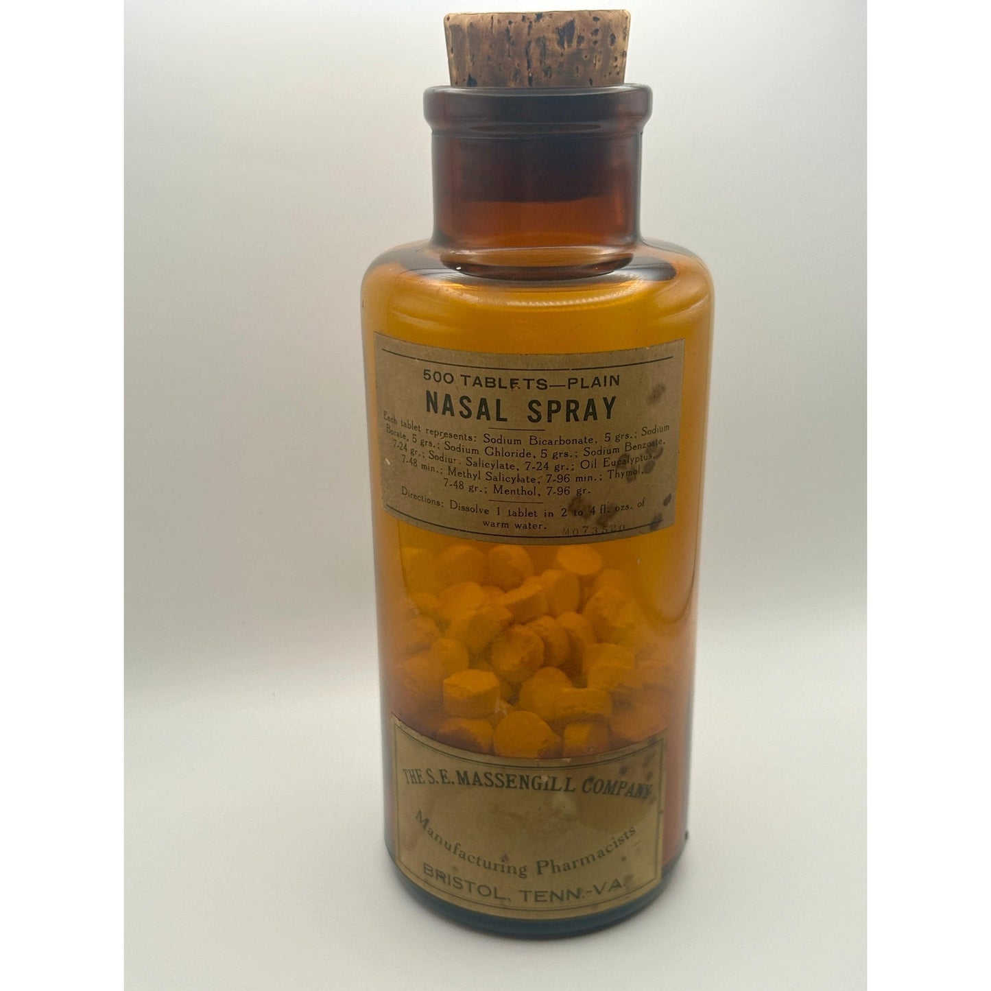 Antique Calcium Sulphide Medicine Bottle w/ Tablets & Cork, Amber