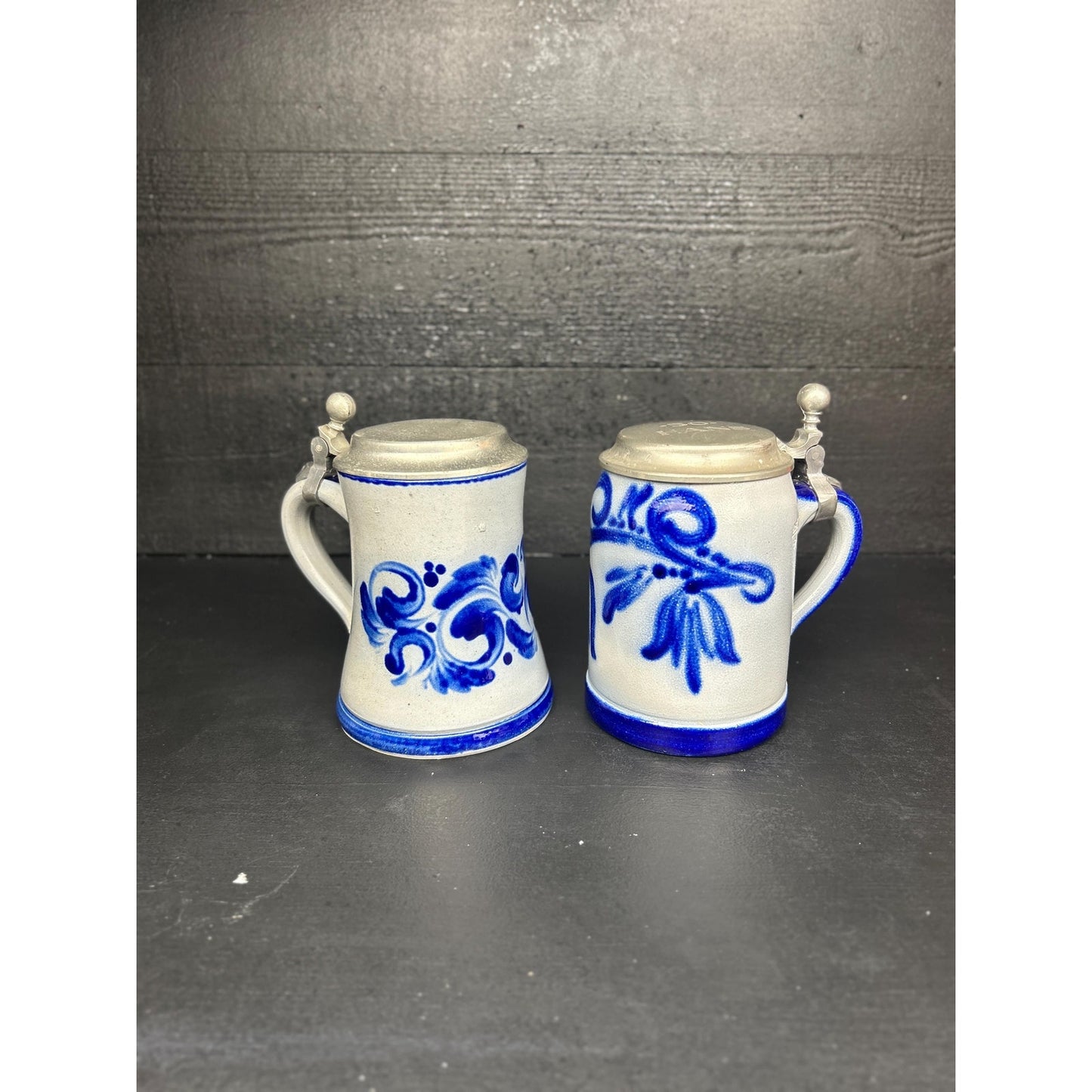Vintage Westerwald German Stein Pair .5L • Salt Glazed Cobalt Stoneware • LFZ Handarbeit • Pewter Lids • Engraved “Hans” • Collector Grade