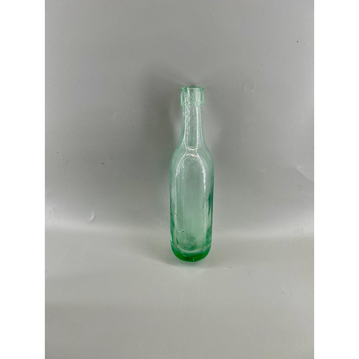 Antique Aqua Utility Spirits Bottle c1870-1885 Applied Collar Hand Blown Whittle Glass Deep Push-Up Base