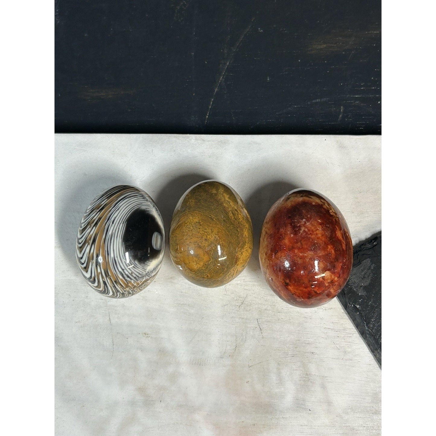 Set of 3 Polished Gemstone Eggs | Red Jasper, Yellow Jasper & Banded Agate | Healing Crystals, Mineral Decor, Collector Gift. STUNNING decor