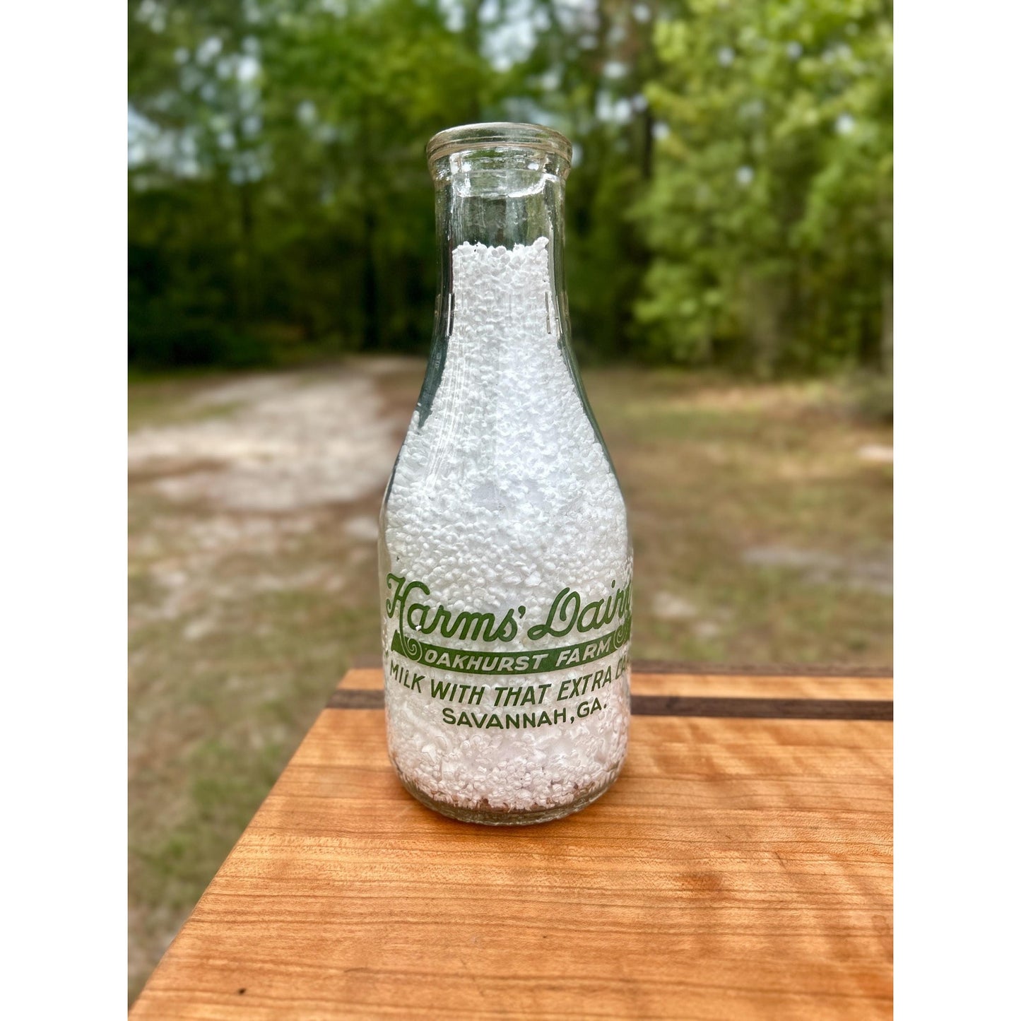 1944 Vintage Harms Dairy Oakhurst Farm Savannah GA Quart Milk Bottle Green ACL Family Graphic