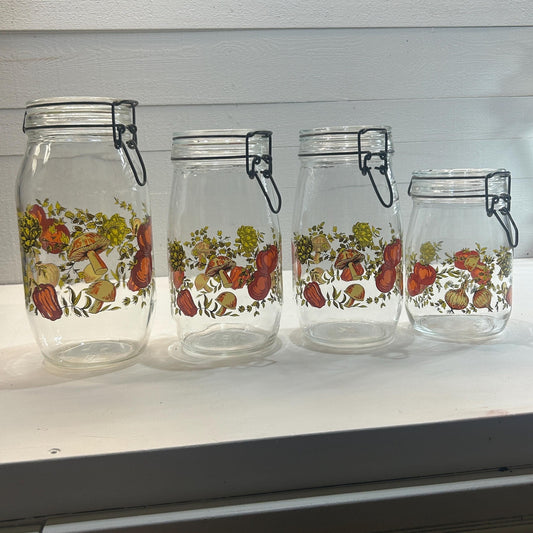 Vintage French glass canister set lids 1970s mushroom vegetable print made in France second set
